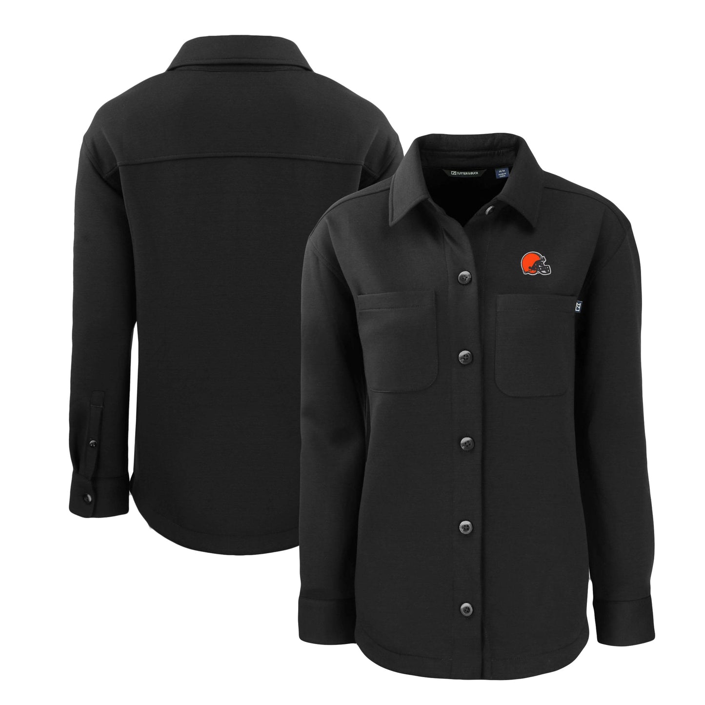 Women's Cutter & Buck Black Cleveland Browns Roam Eco Knit Full-Snap Shacket