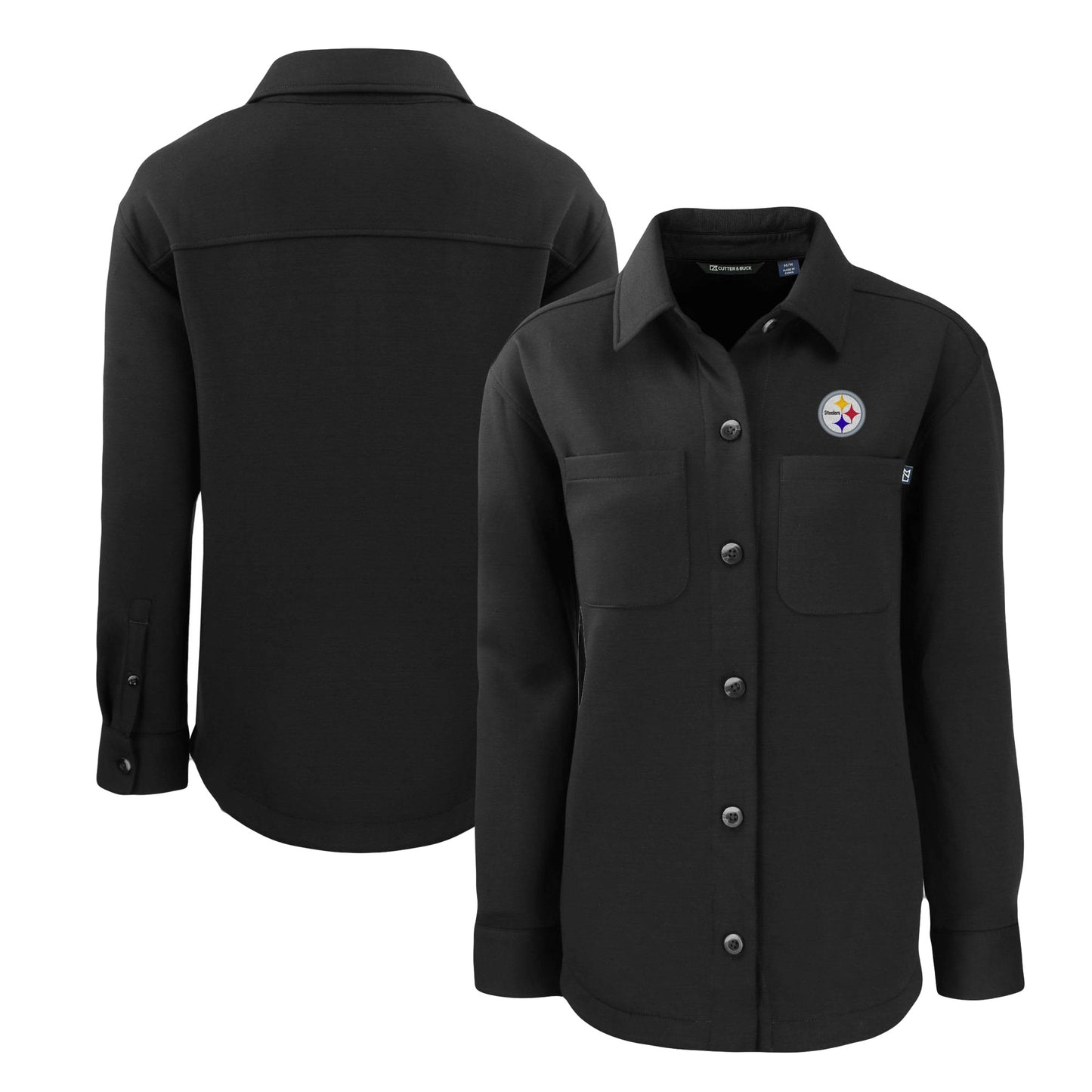 Women's Cutter & Buck Black Pittsburgh Steelers Roam Eco Knit Full-Snap Shacket