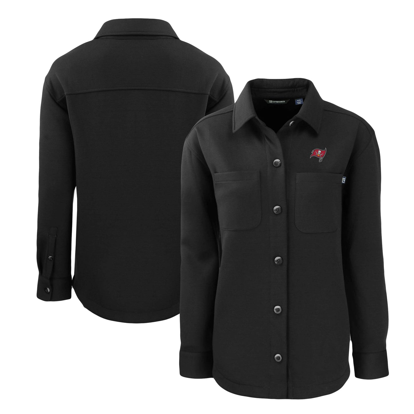 Women's Cutter & Buck Black Tampa Bay Buccaneers Roam Eco Knit Full-Snap Shacket