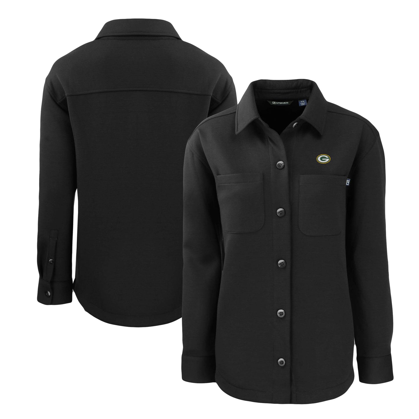 Women's Cutter & Buck Black Green Bay Packers Roam Eco Knit Full-Snap Shacket