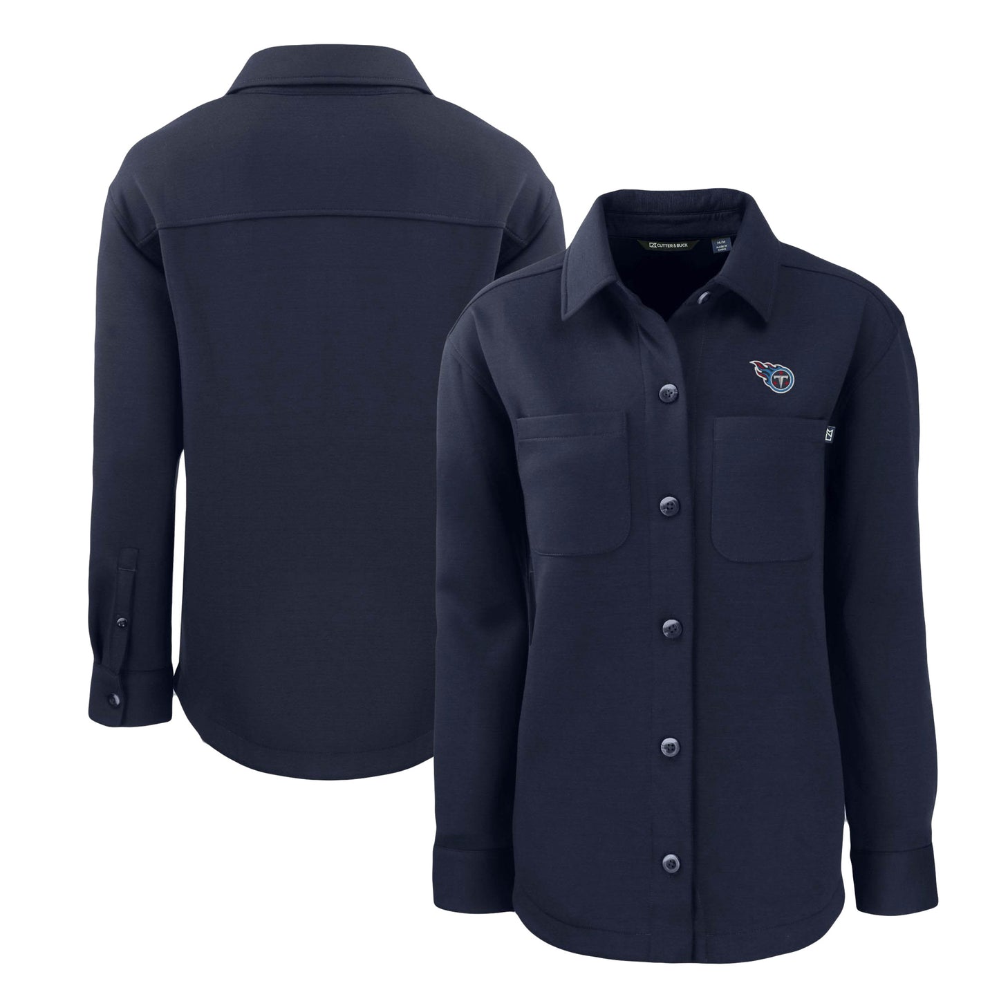 Women's Cutter & Buck Navy Tennessee Titans Roam Eco Knit Full-Snap Shacket