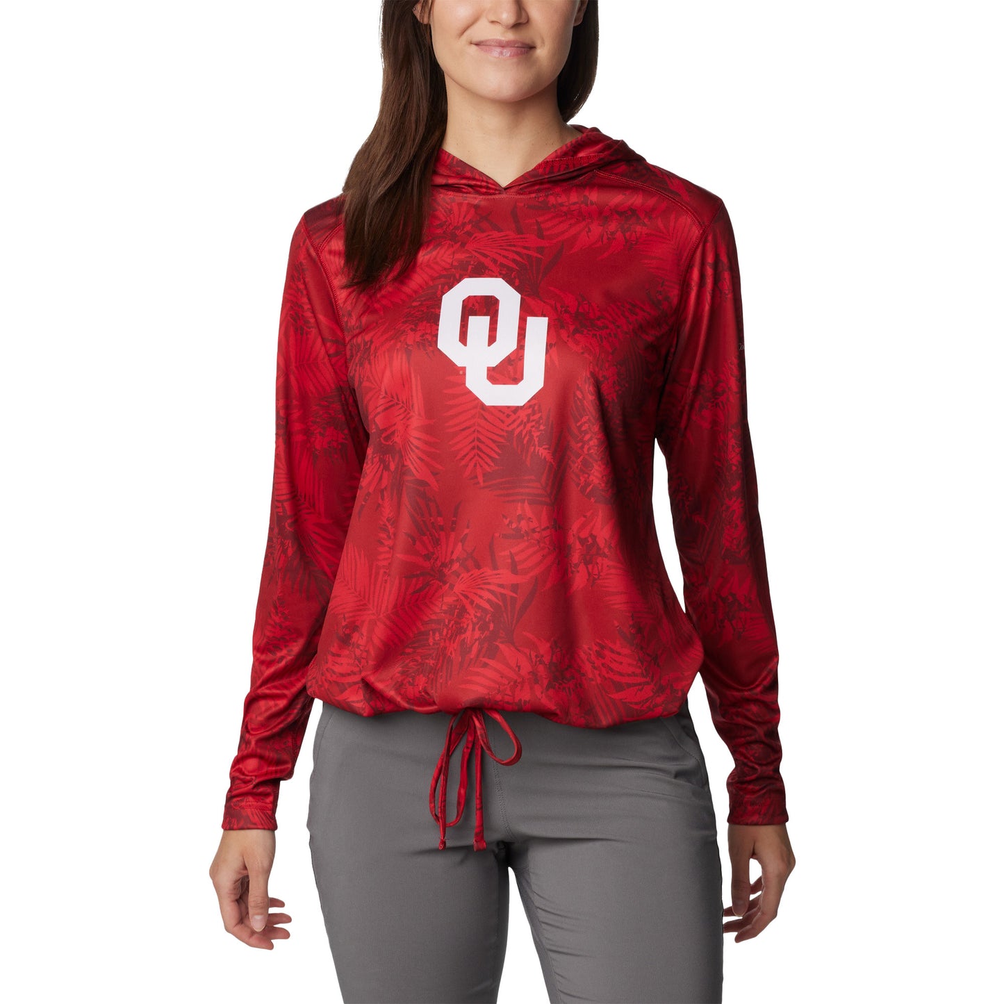 Women's Columbia Crimson Oklahoma Sooners Summerdry Printed Long Sleeve Hoodie T-Shirt