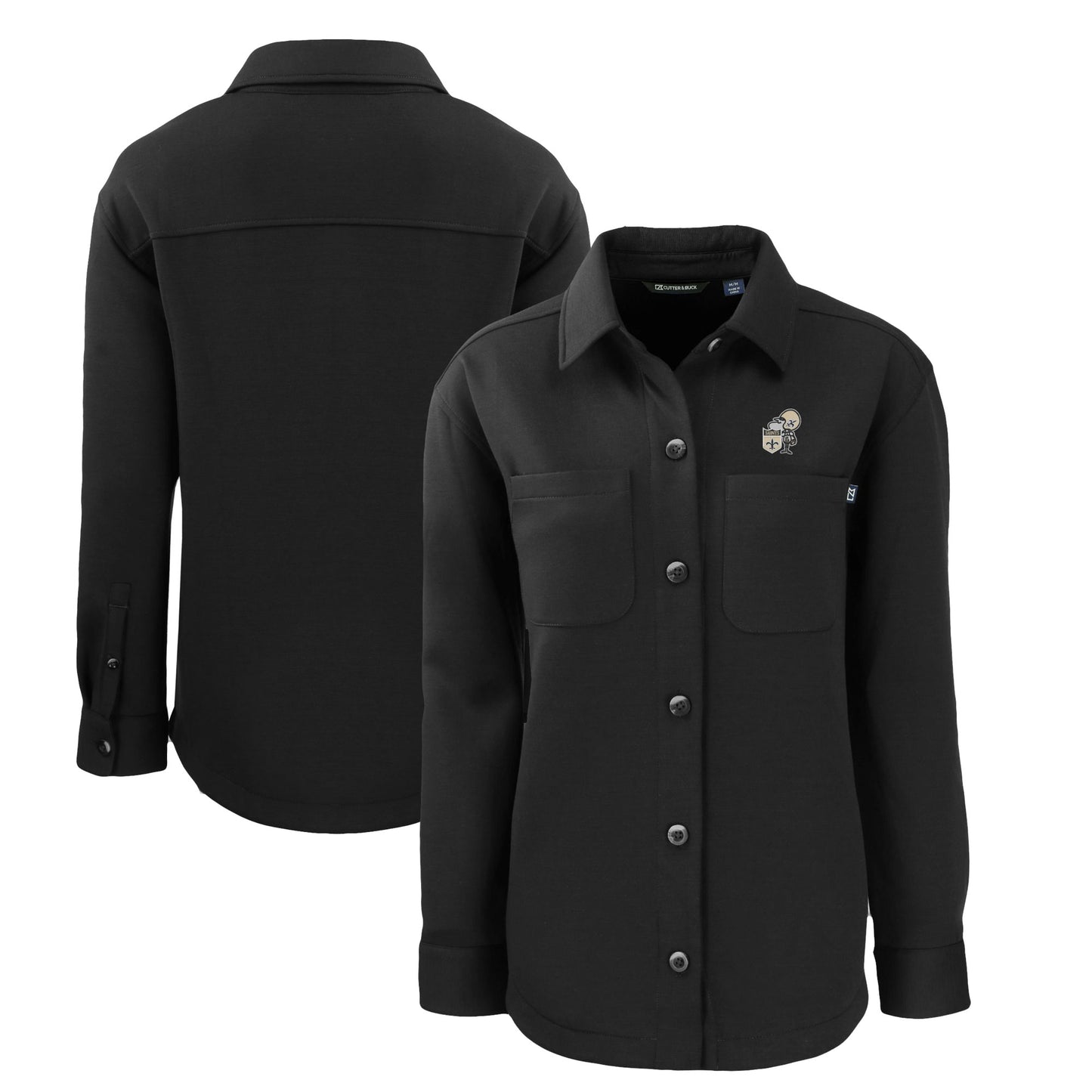 Women's Cutter & Buck Black New Orleans Saints Throwback Logo Roam Eco Knit Full-Snap Shacket