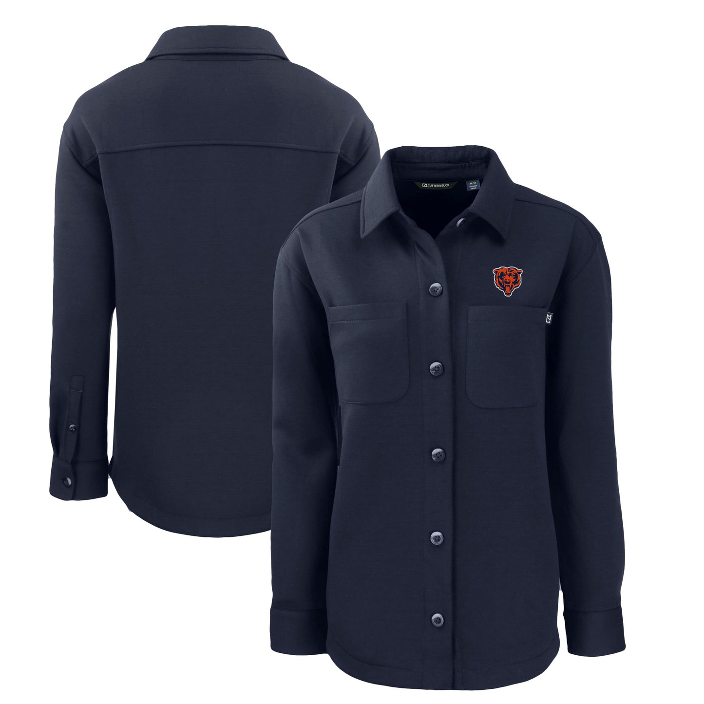 Women's Cutter & Buck Navy Chicago Bears Throwback Logo Roam Eco Knit Full-Snap Shacket