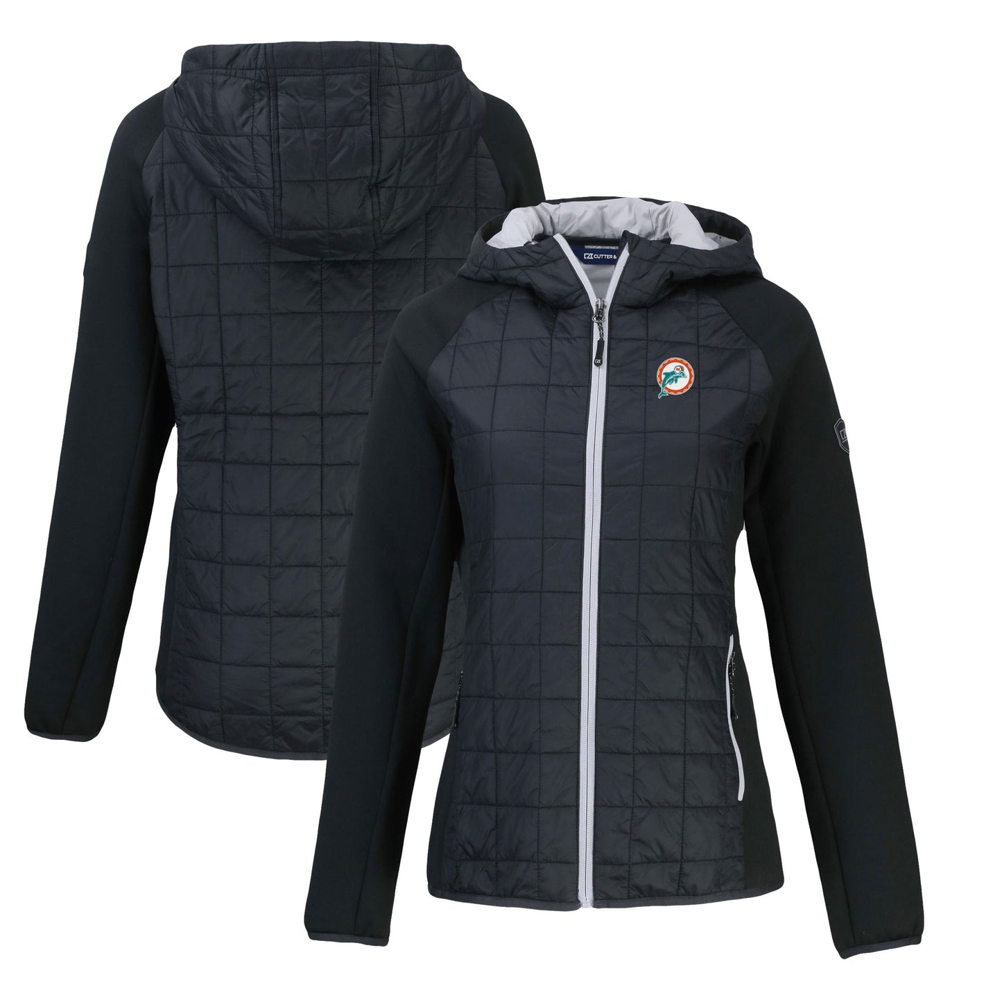 Women's Cutter & Buck Black Miami Dolphins Throwback Logo Rainier Primaloft Eco Raglan Full-Zip Hybrid Jacket