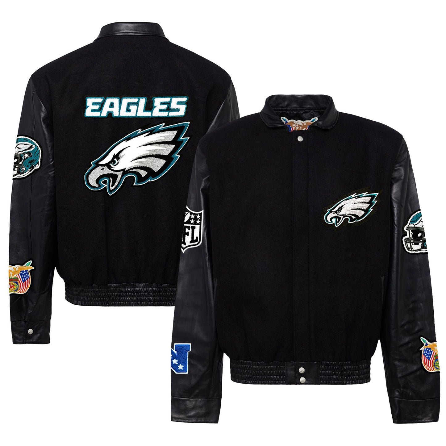 Men's Jeff Hamilton Black Philadelphia Eagles Wool & Leather Full-Snap Varsity Jacket