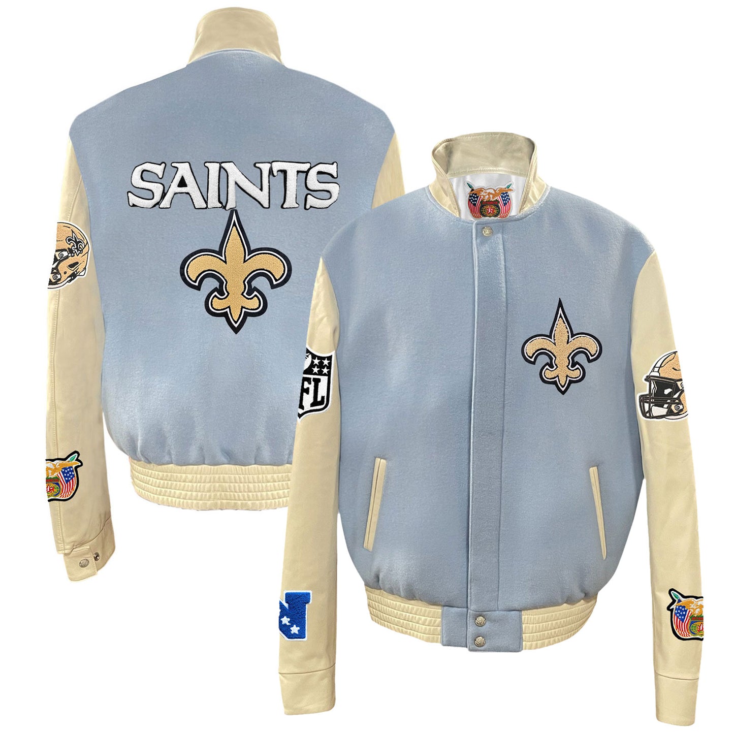 Men's Jeff Hamilton Light Blue New Orleans Saints Wool & Leather Full-Snap Varsity Jacket