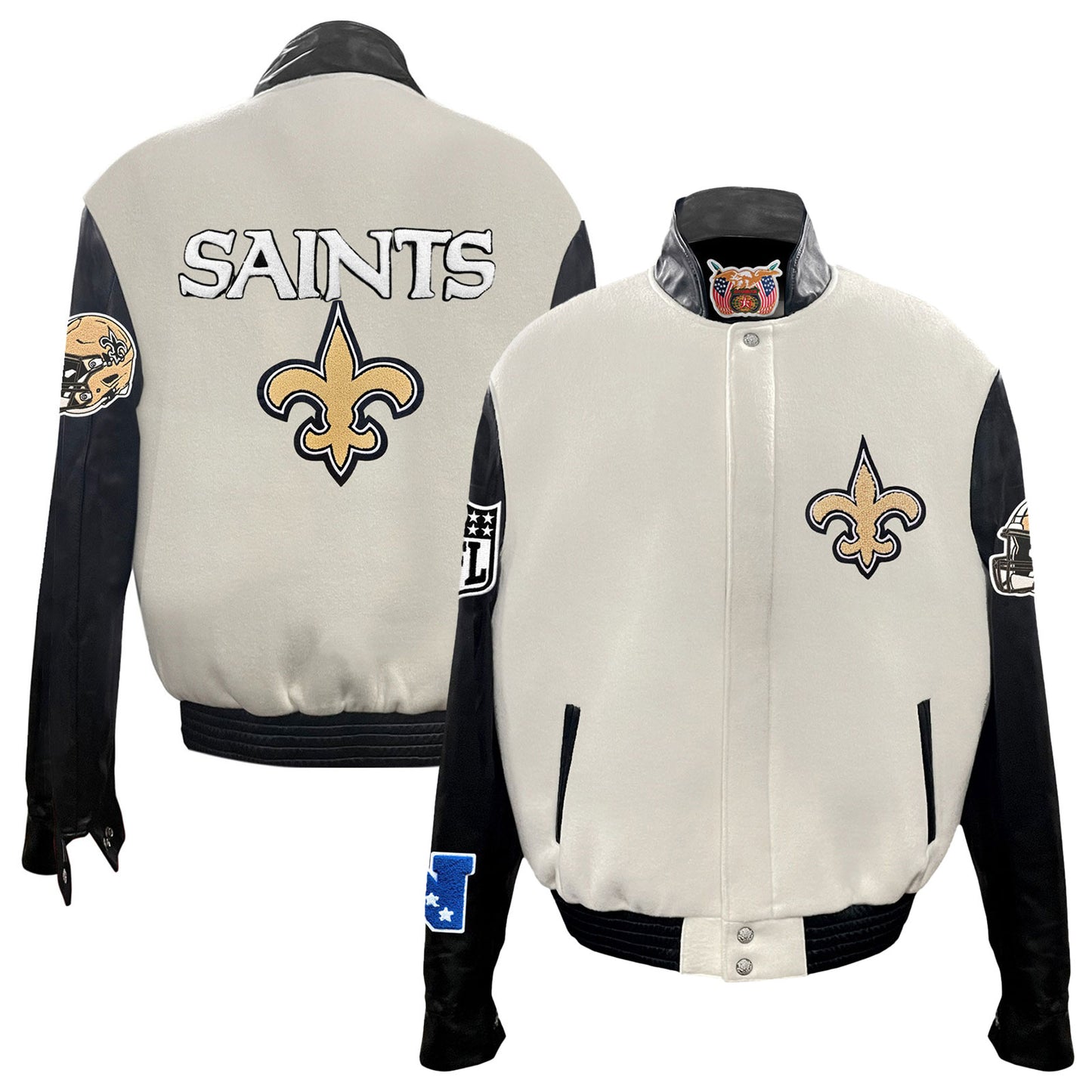 Men's Jeff Hamilton White New Orleans Saints Wool & Leather Full-Snap Varsity Jacket
