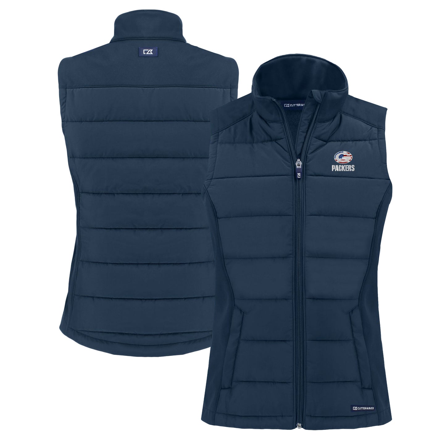 Women's Cutter & Buck Navy Green Bay Packers Evoke Hybrid Eco Softshell Recycled Full-Zip Vest