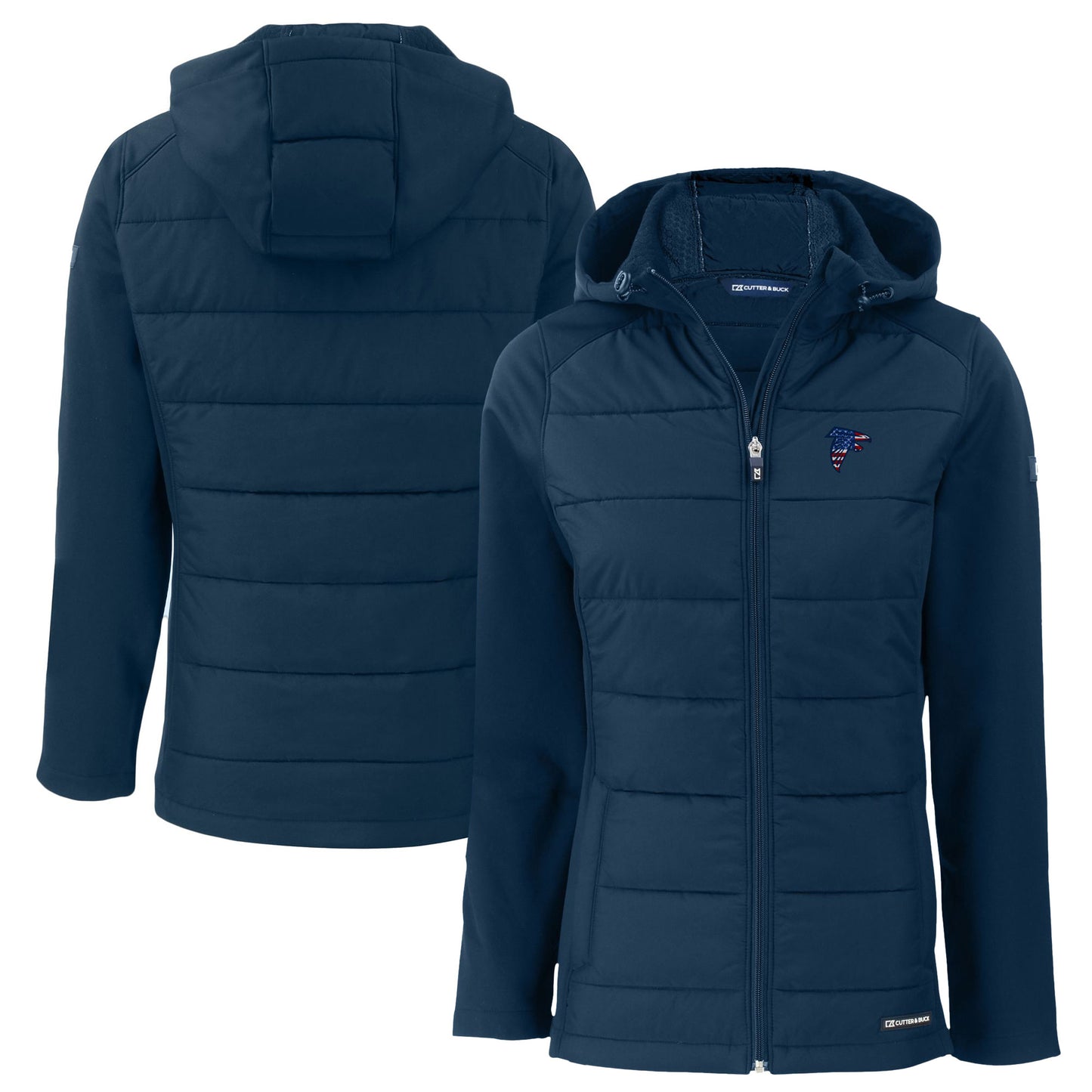 Women's Cutter & Buck Navy Atlanta Falcons Americana Evoke Hybrid Eco Softshell Recycled Full-Zip Hooded Jacket