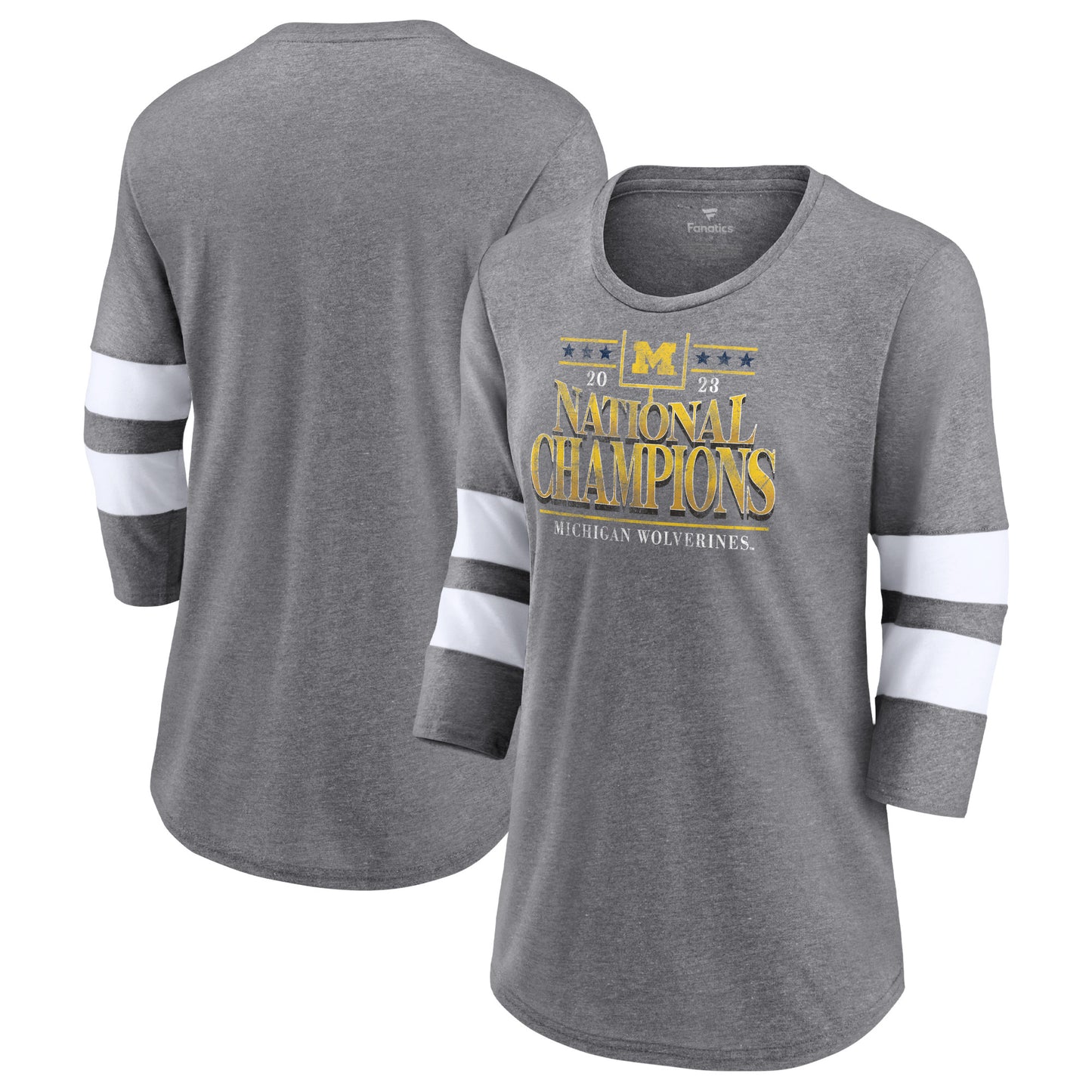 Women's Fanatics Heather Gray Michigan Wolverines College Football Playoff 2023 National Champions Outstanding Achievement Retro Tri-Blend 3/4-Sleeve T-Shirt