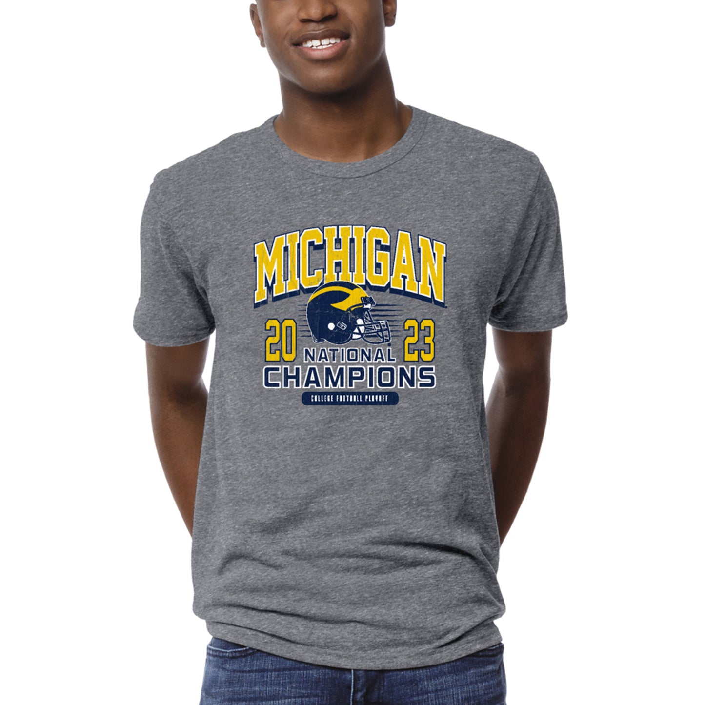 Men's League Collegiate Wear Heather Gray Michigan Wolverines College Football Playoff 2023 National Champions Victory Falls Tri-Blend T-Shirt