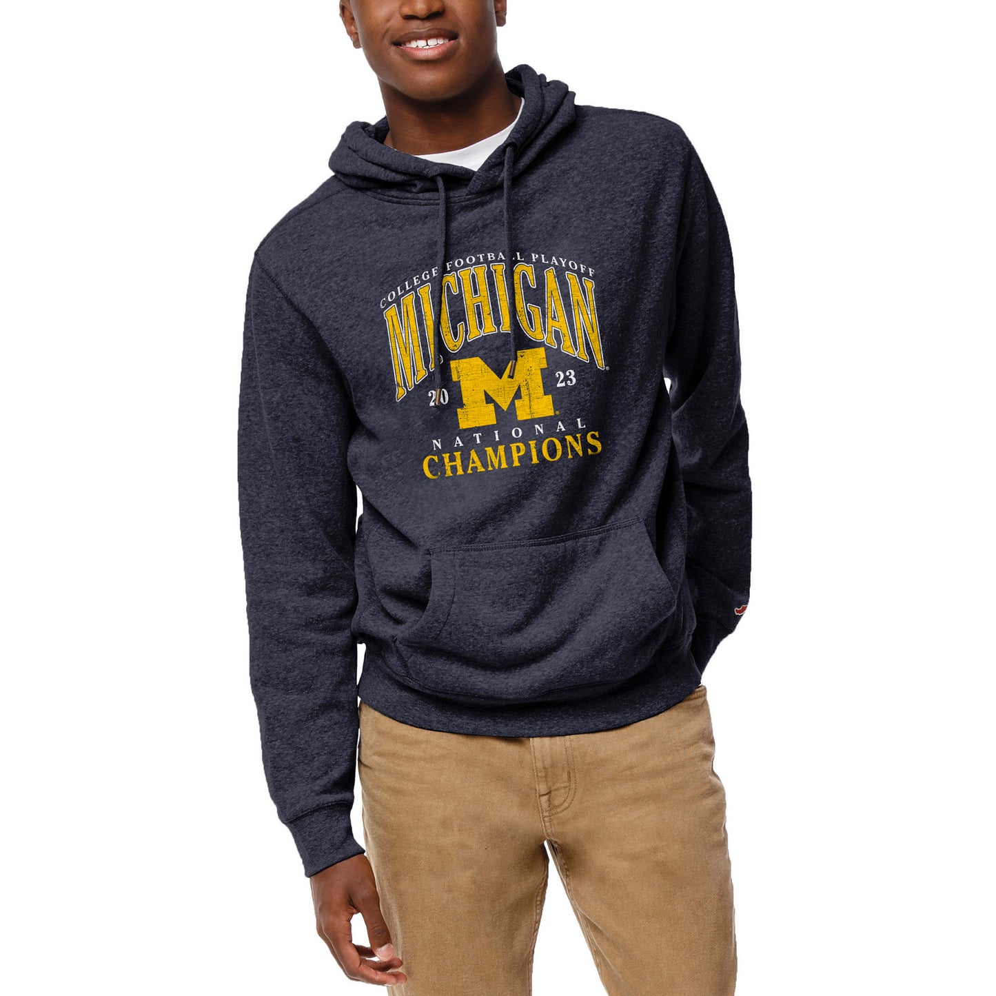 Men's League Collegiate Wear Heather Navy Michigan Wolverines College Football Playoff 2023 National Champions Heritage Tri-Blend Fleece Pullover Hoodie