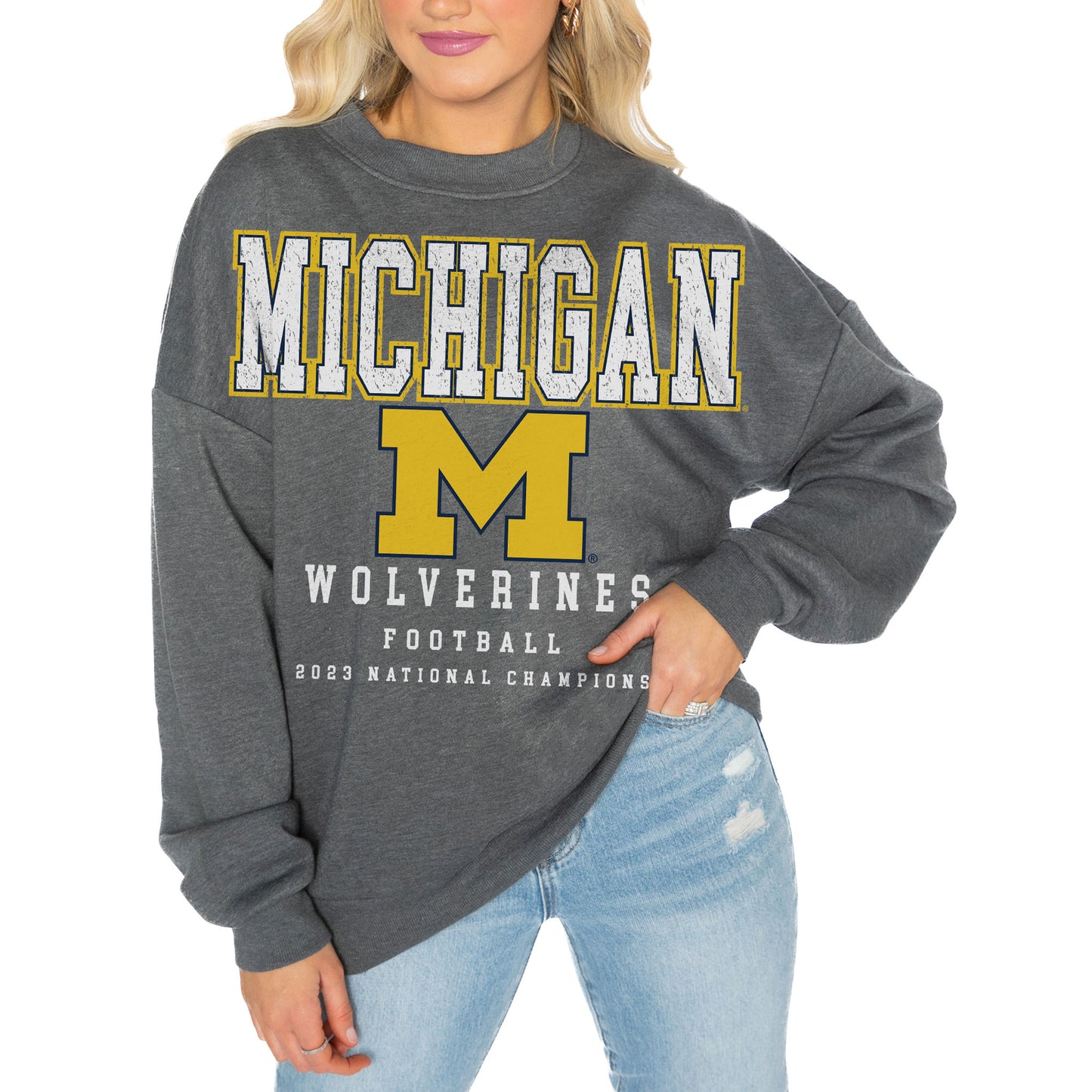 Women's Gameday Couture Charcoal Michigan Wolverines College Football Playoff 2023 National Champions Premium Fleece Drop Shoulder Pullover Sweatshirt