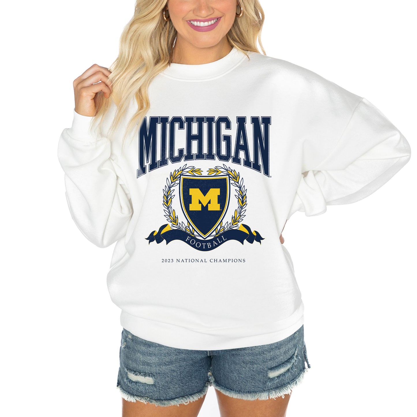 Women's Gameday Couture White Michigan Wolverines College Football Playoff 2023 National Champions Premium Fleece Drop Shoulder Pullover Sweatshirt