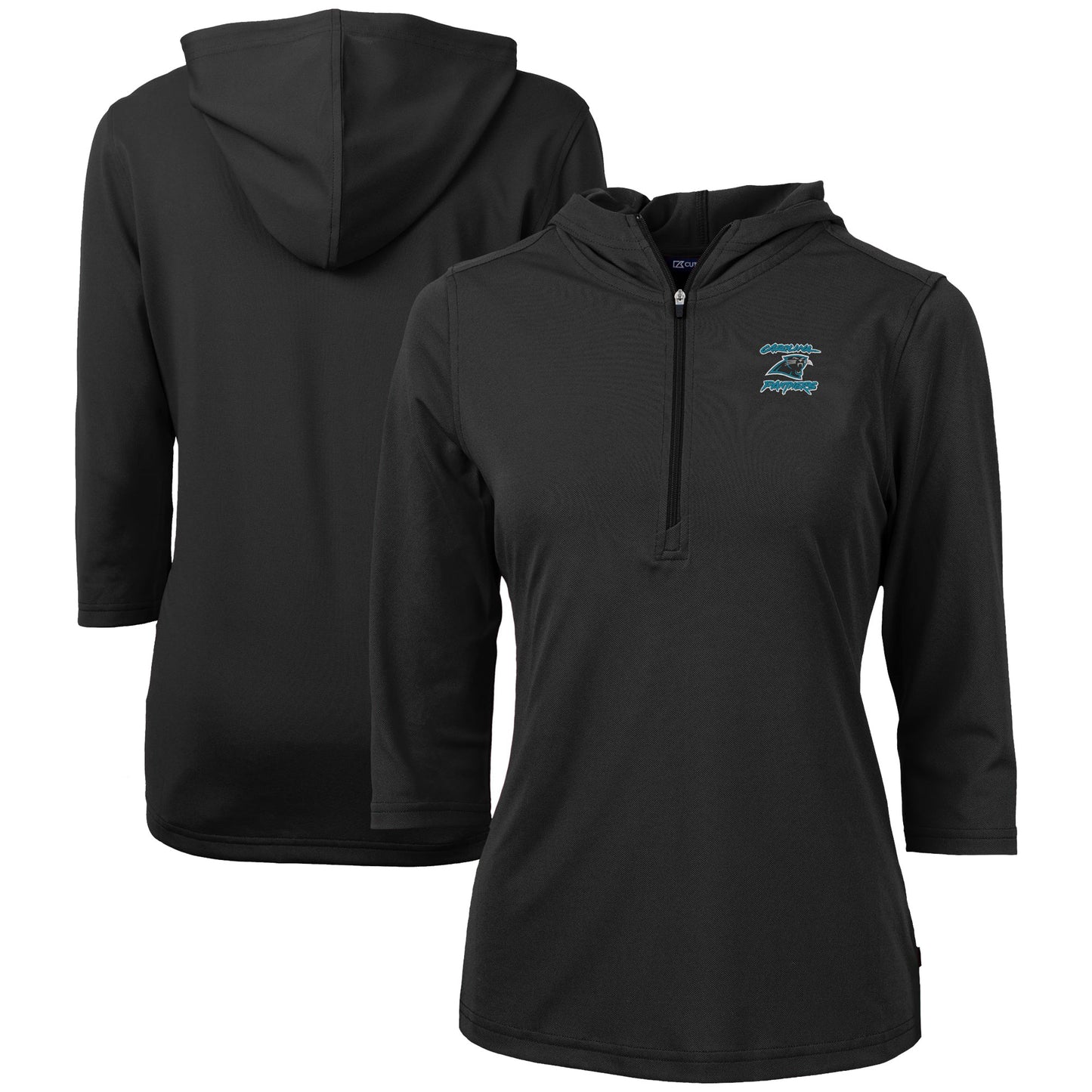 Women's Cutter & Buck Black Carolina Panthers Throwback Logo Virtue DryTec Eco Pique Recycled 3/4-Sleeve Half-Zip Pullover Hoodie