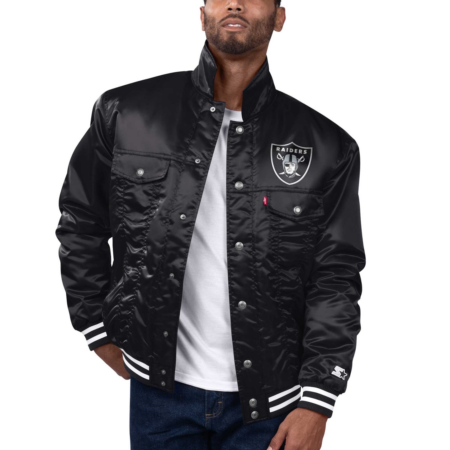 Men's Levi’s x Starter Black Las Vegas Raiders Silver Tab Trucker Full-Snap Jacket
