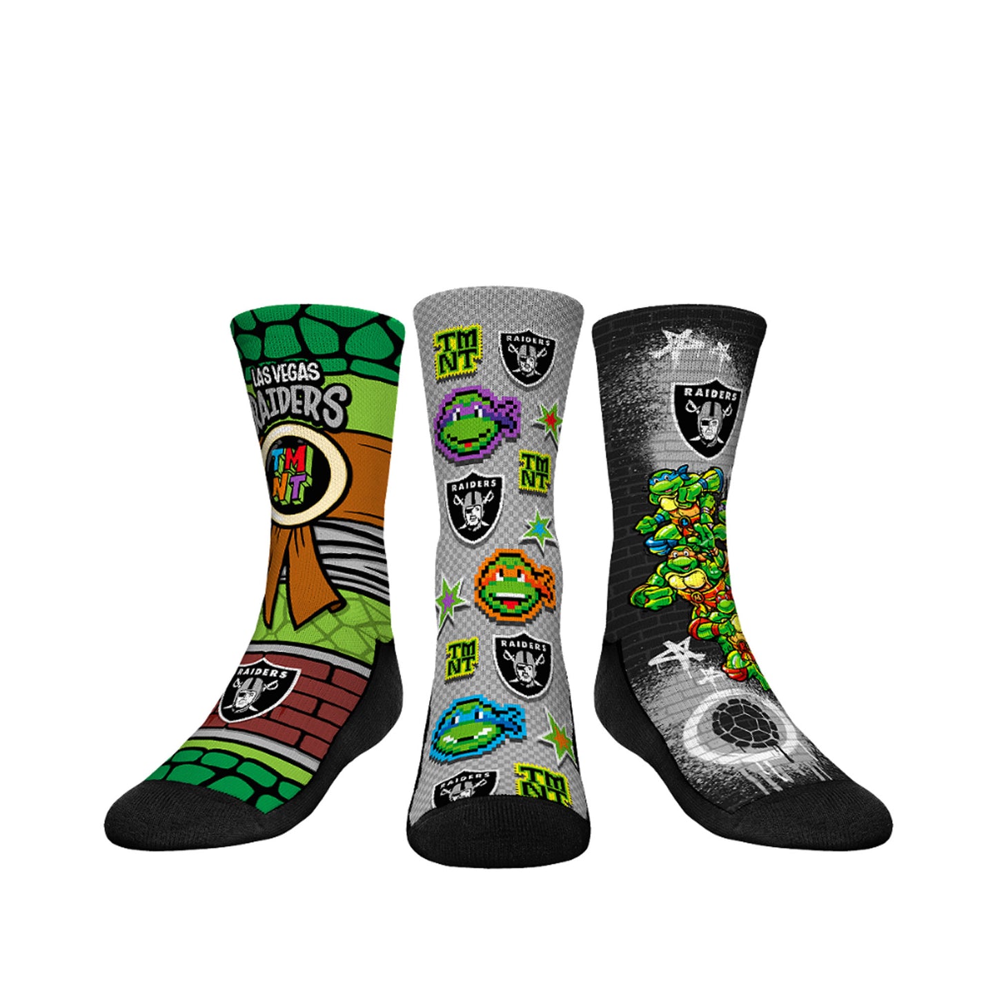 Youth Rock Em Socks Gray Las Vegas Raiders TMNT Three-Pack Crew Sock Set