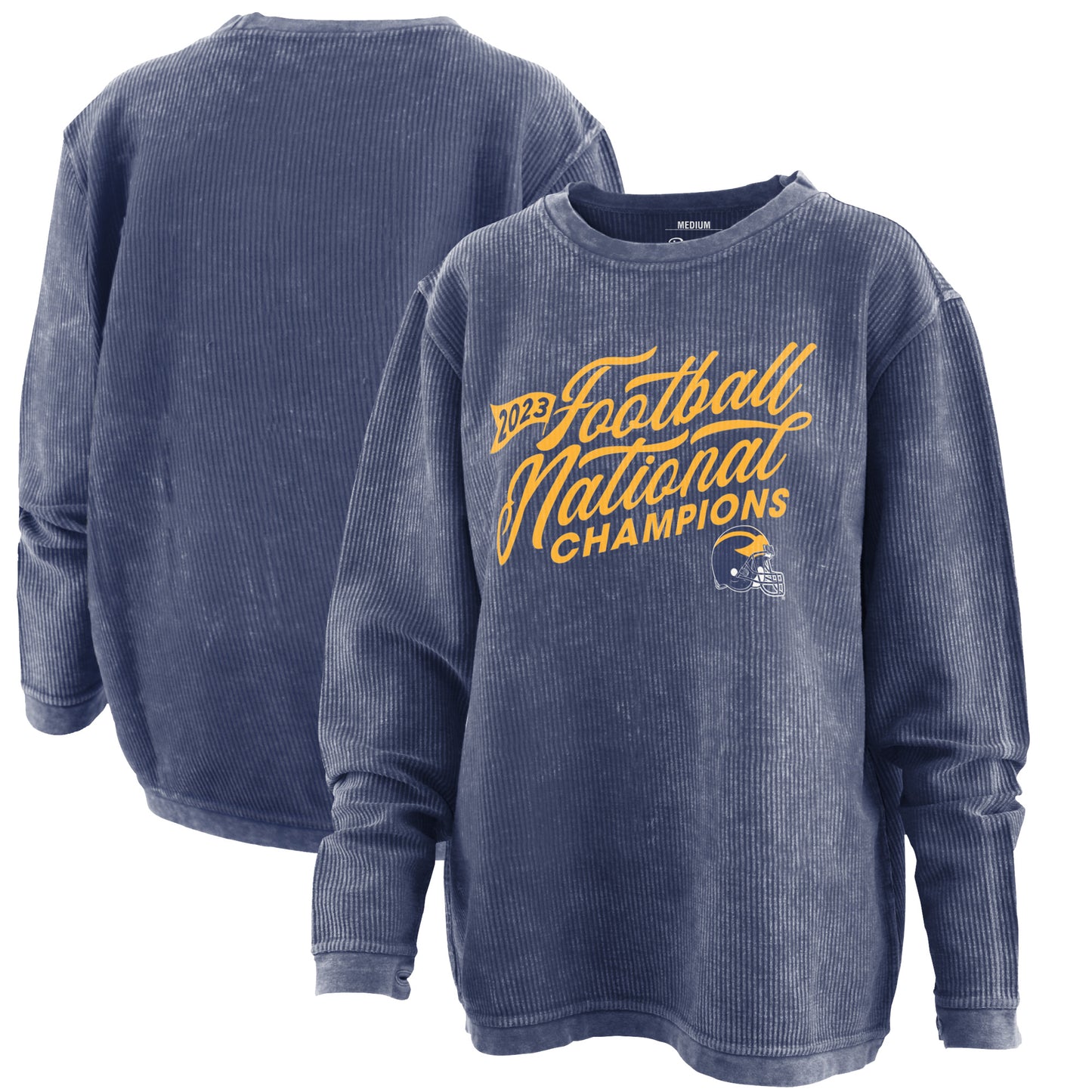 Women's Pressbox Navy Michigan Wolverines College Football Playoff 2023 National Champions Comfy Cord Pullover Sweatshirt