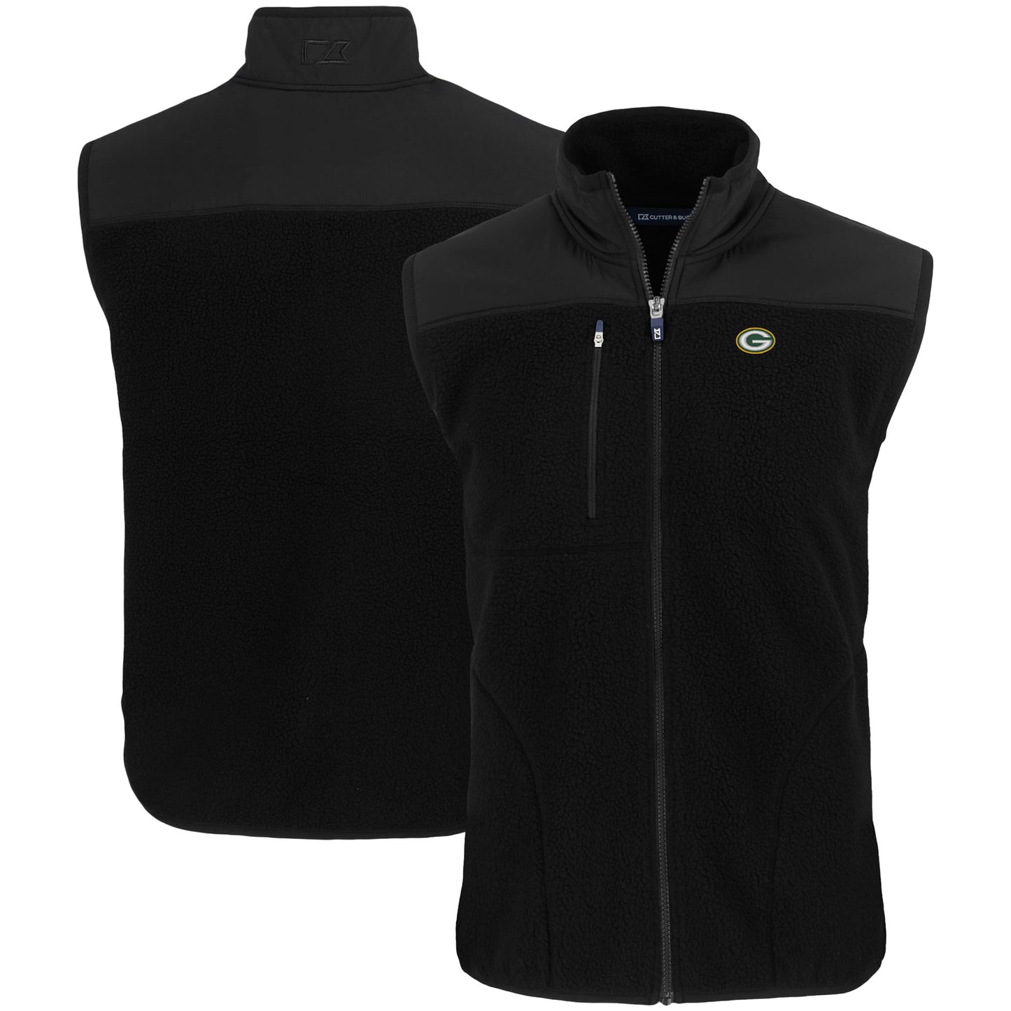 Men's Cutter & Buck Black Green Bay Packers Primary Mark Cascade Eco Sherpa Fleece Full-Zip Vest