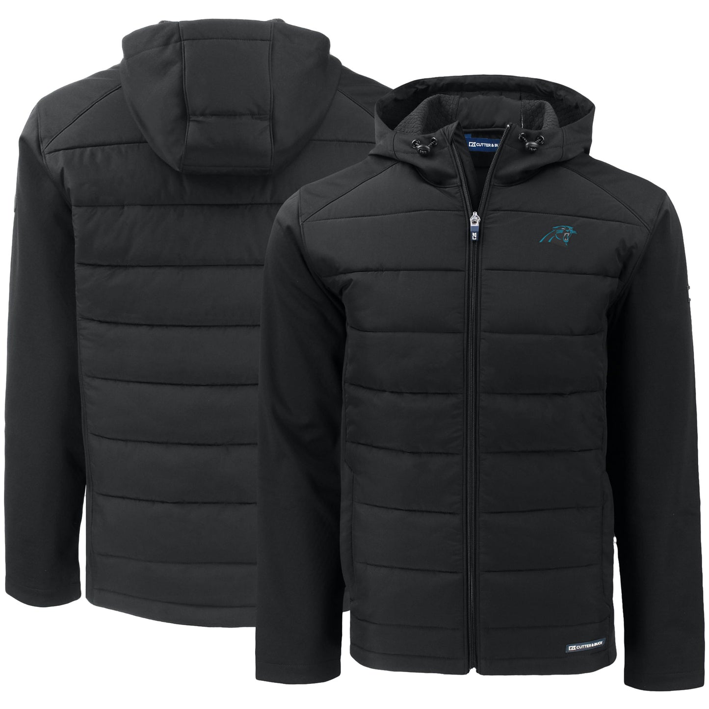 Men's Cutter & Buck Black Carolina Panthers Evoke PrimaLoft Hybrid Eco Softshell Recycled Full-Zip Hooded Jacket
