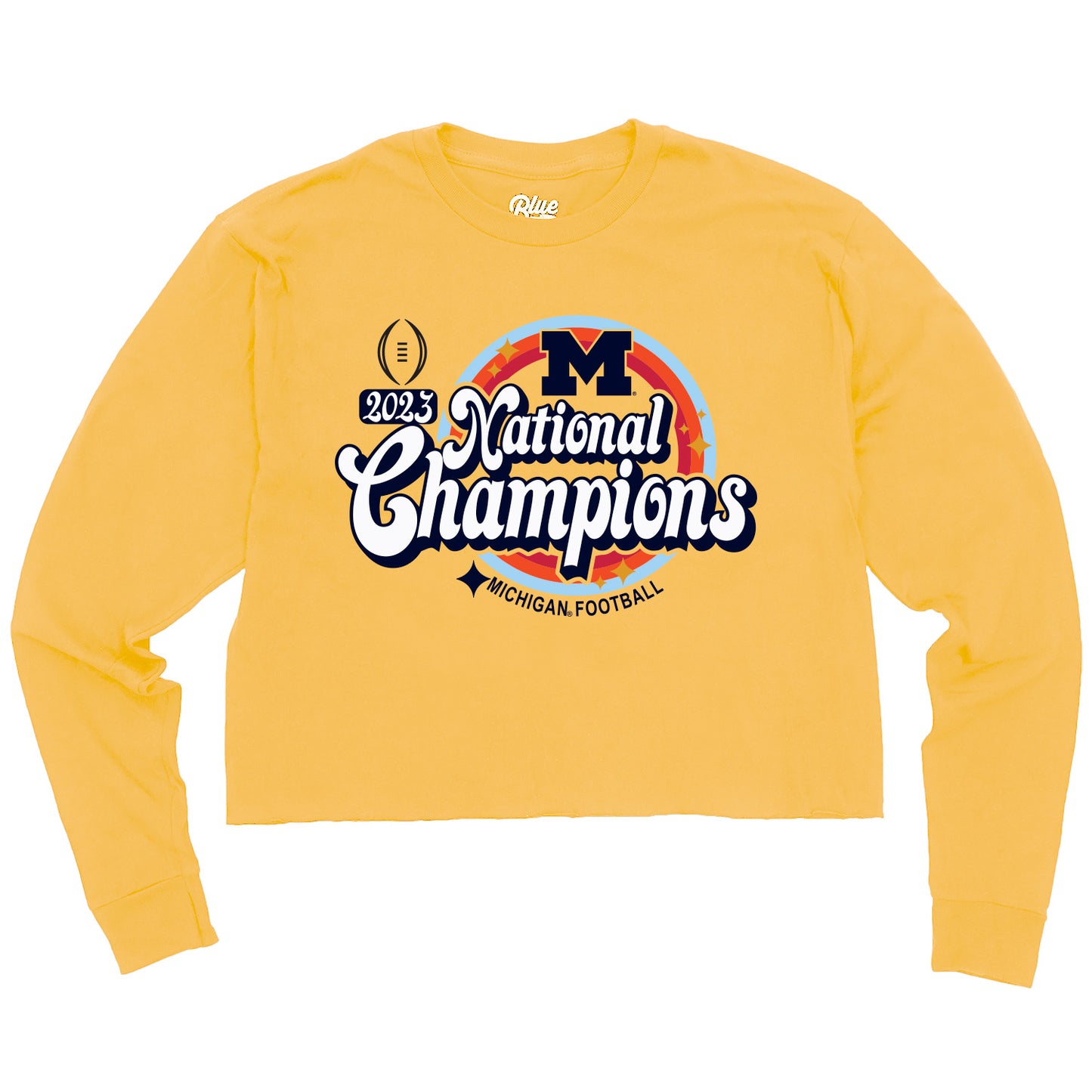 Women's Blue 84 Maize Michigan Wolverines College Football Playoff 2023 National Champions Cropped Long Sleeve T-Shirt