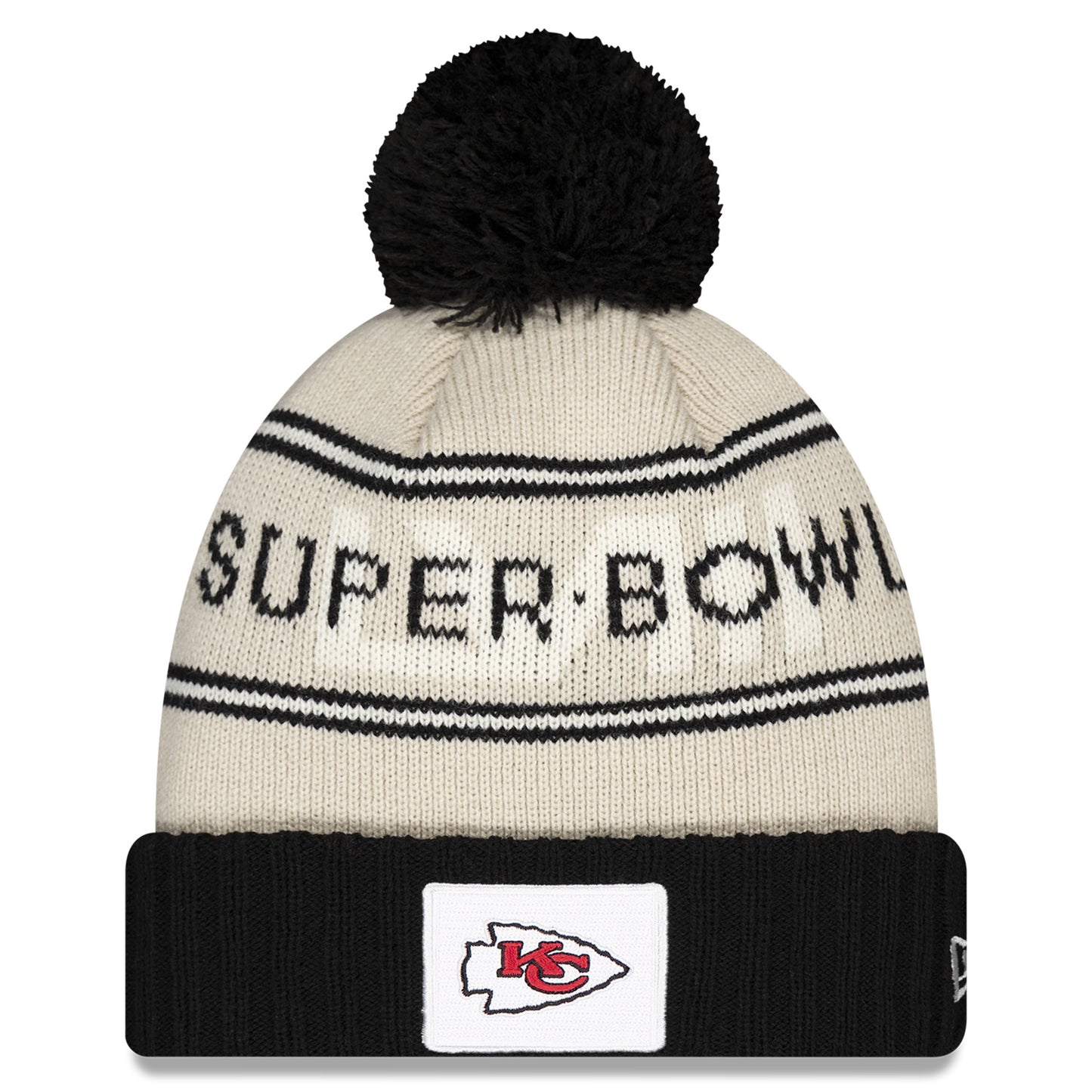 Men's New Era Cream/Black Kansas City Chiefs Super Bowl LVIII Cuffed Knit Hat with Pom