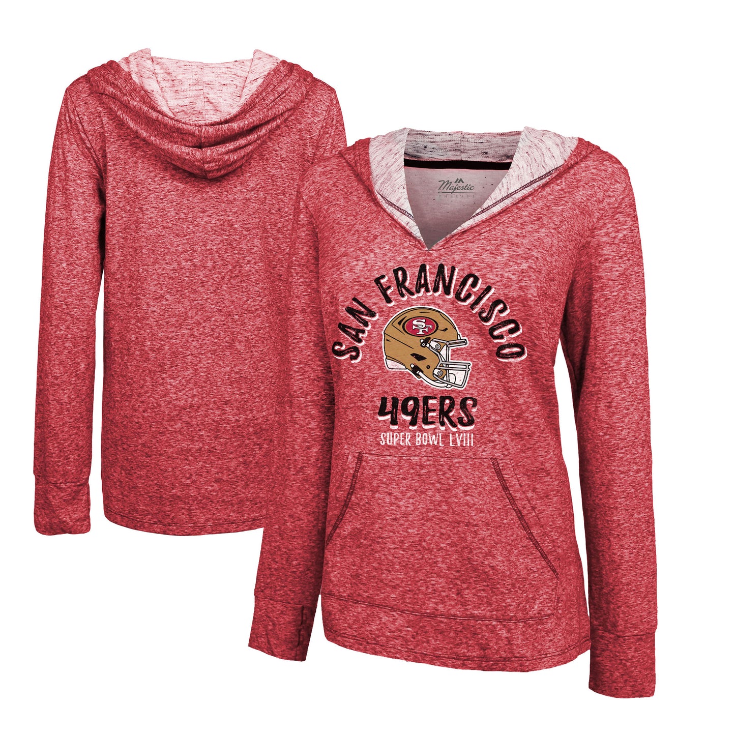 Women's Majestic Threads Scarlet San Francisco 49ers Super Bowl LVIII Victory Slub V-Neck Pullover Hoodie