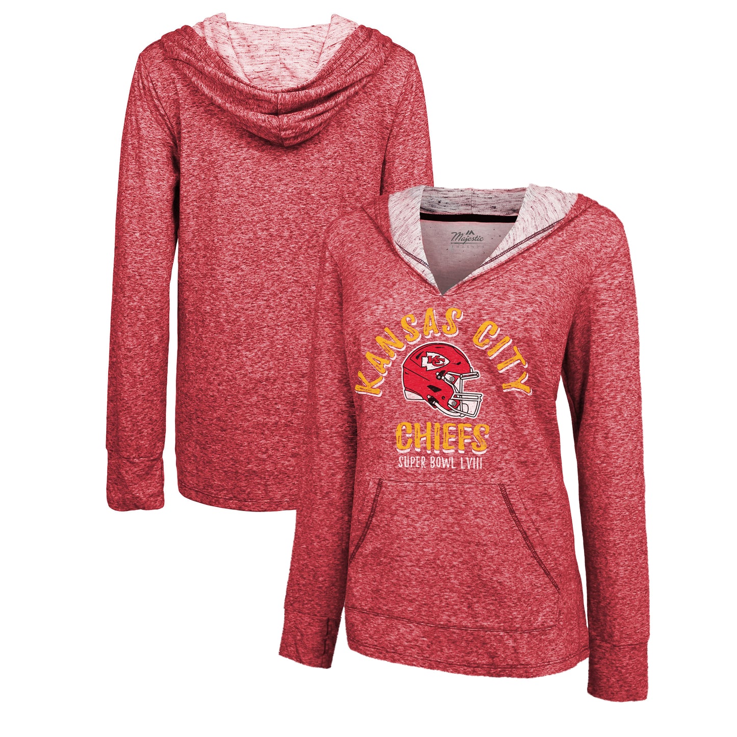 Women's Majestic Threads Red Kansas City Chiefs Super Bowl LVIII Victory Slub V-Neck Pullover Hoodie