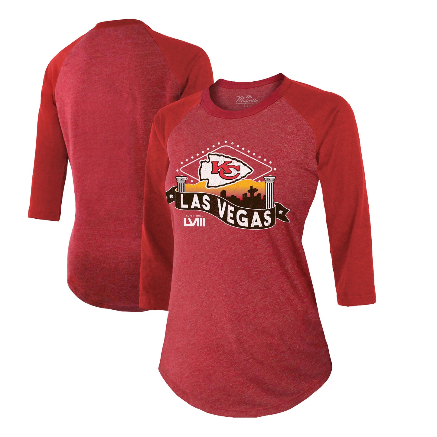Women's Majestic Threads Red Kansas City Chiefs Super Bowl LVIII Vegas Raglan 3/4-Sleeve Tri-Blend T-Shirt