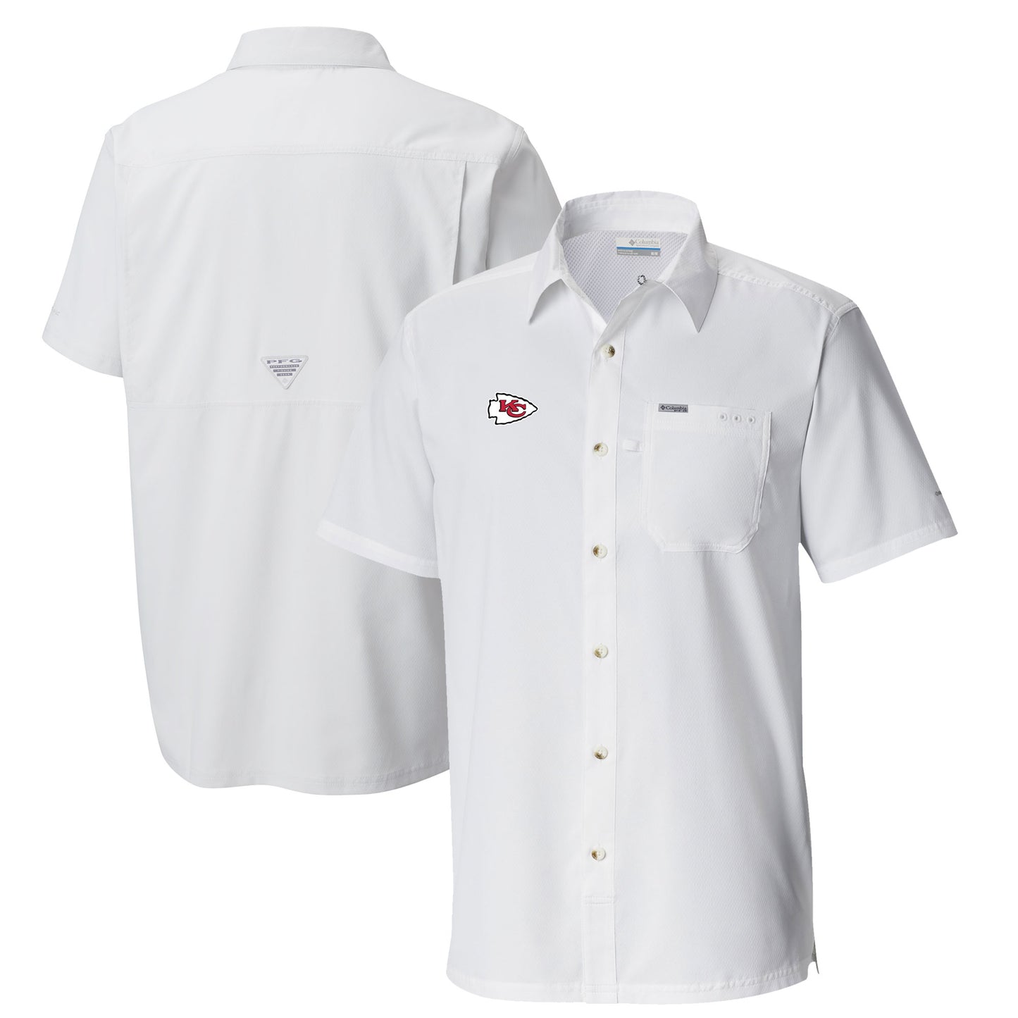 Men's Columbia White Kansas City Chiefs Slack Tide Omni-Wick Button-Up Camp Shirt