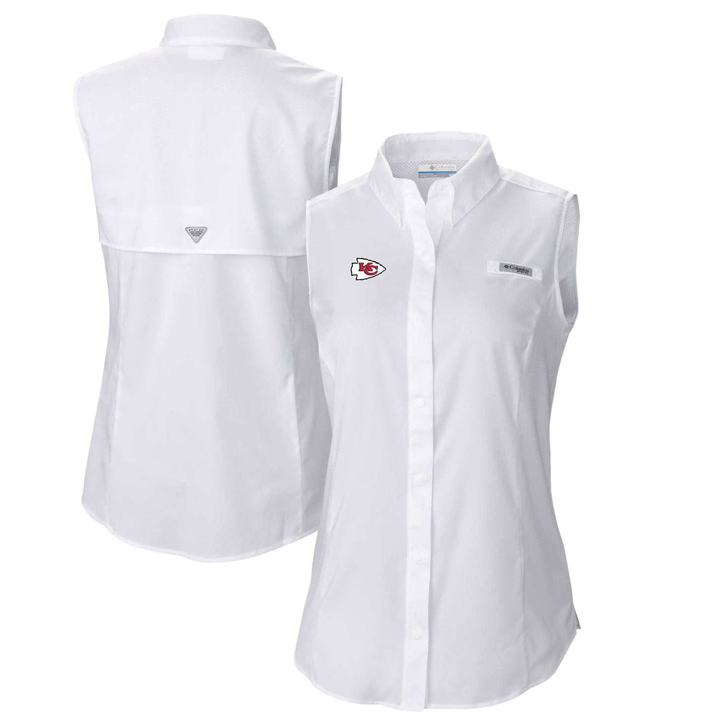 Women's Columbia White Kansas City Chiefs PFG Tamiami Omni-Shade Sleeveless Button-Up Shirt