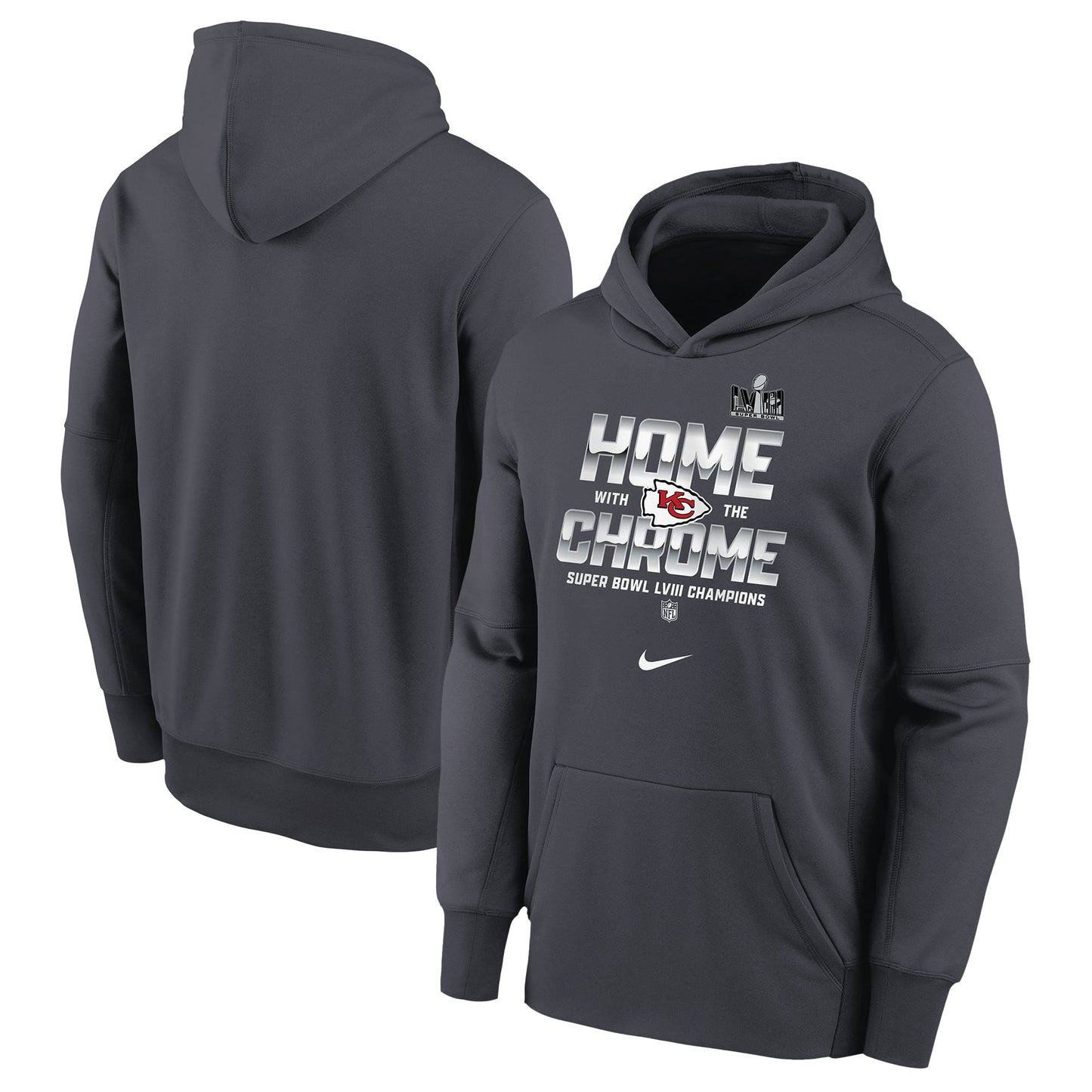 Youth Nike Anthracite Kansas City Chiefs Super Bowl LVIII Champions Parade Pullover Hoodie