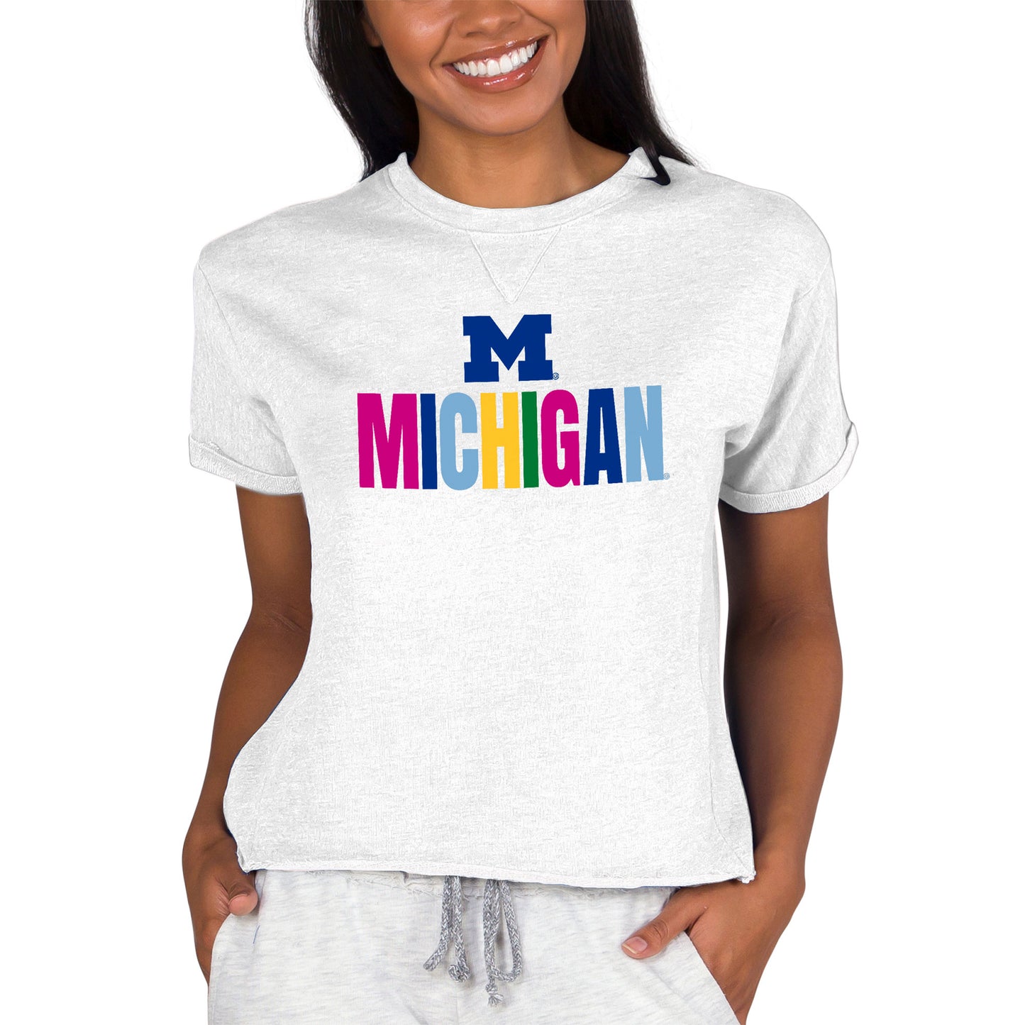 Women's Concepts Sport Oatmeal Michigan Wolverines Tri-Blend Mainstream Terry Short Sleeve Sweatshirt Top