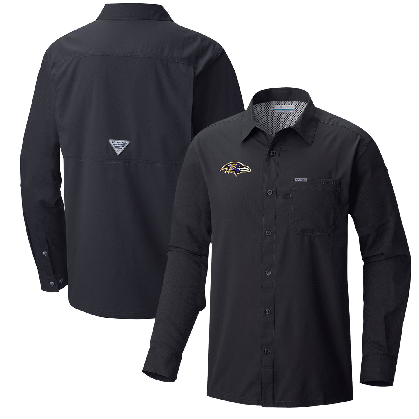 Men's Columbia Black Baltimore Ravens Slack Tide Omni-Wick Long Sleeve Button-Up Shirt