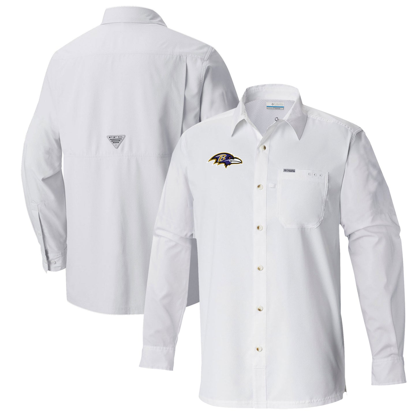 Men's Columbia White Baltimore Ravens Slack Tide Omni-Wick Long Sleeve Button-Up Shirt