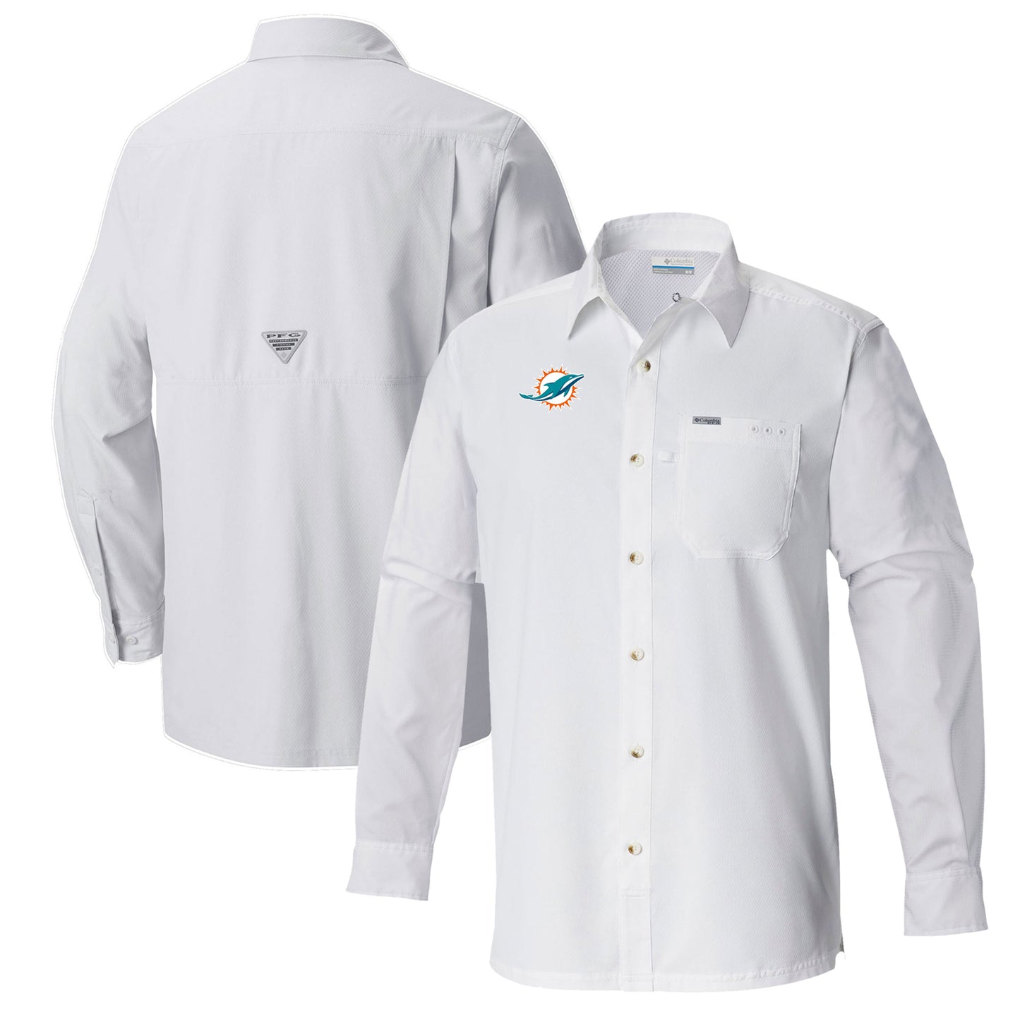 Men's Columbia White Miami Dolphins Slack Tide Omni-Wick Long Sleeve Button-Up Shirt