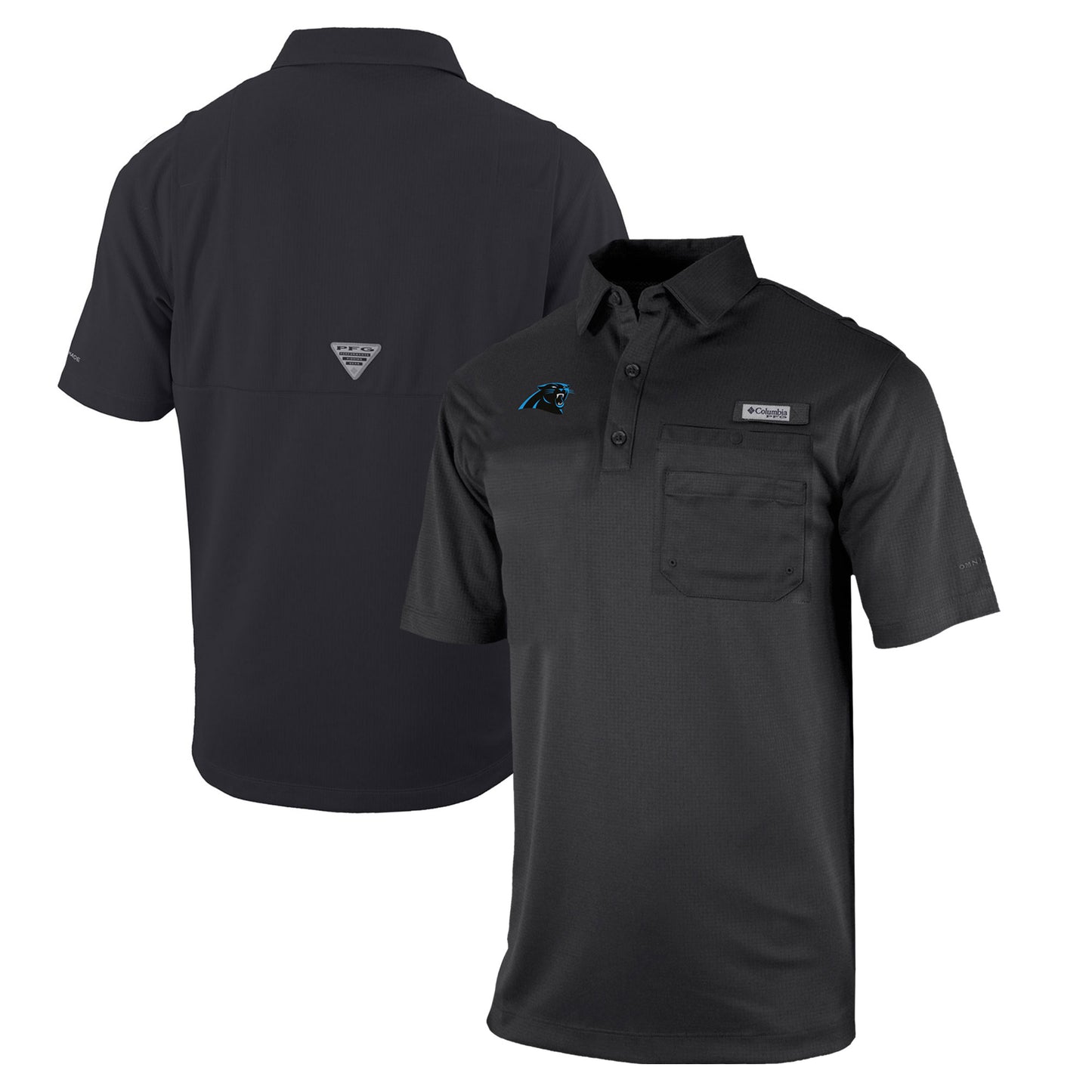 Men's Columbia Black Carolina Panthers Omni-Wick Flycaster Pocket Polo
