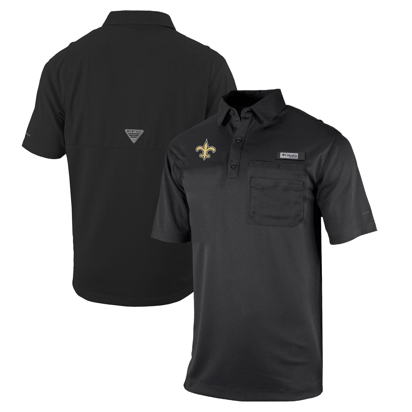Men's Columbia Black New Orleans Saints Omni-Wick Flycaster Pocket Polo