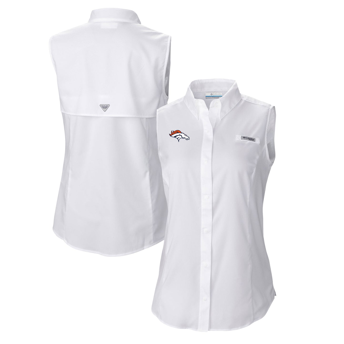 Women's Columbia White Denver Broncos PFG Tamiami Omni-Shade Sleeveless Button-Up Shirt