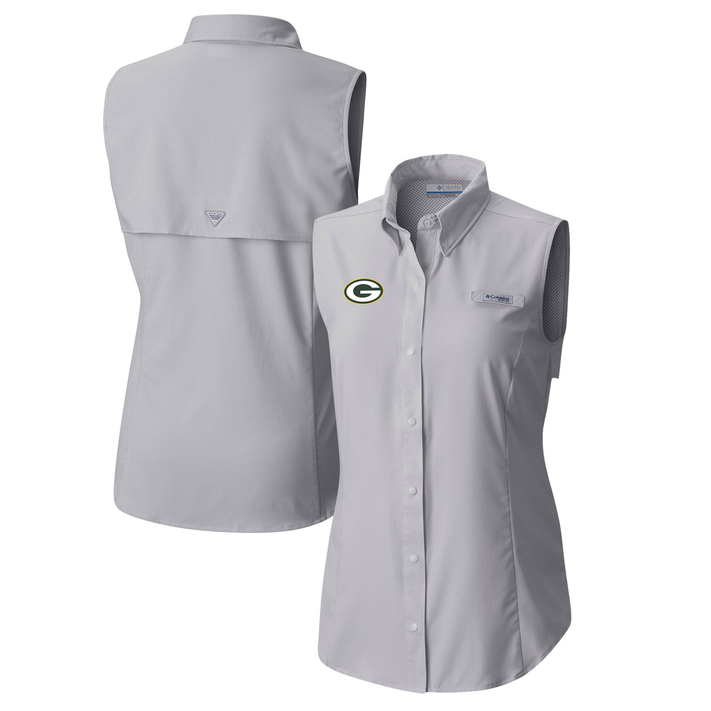 Women's Columbia Gray Green Bay Packers PFG Tamiami Omni-Shade Sleeveless Button-Up Shirt
