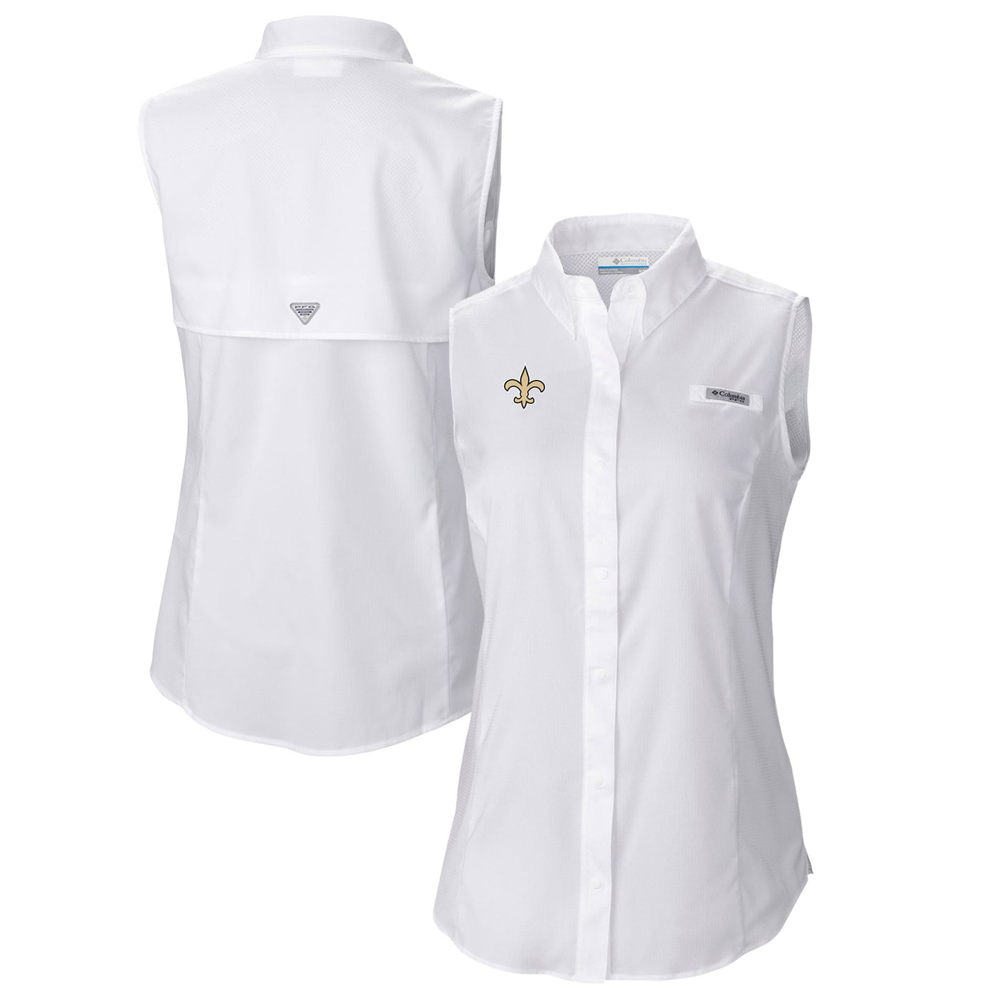 Women's Columbia White New Orleans Saints PFG Tamiami Omni-Shade Sleeveless Button-Up Shirt