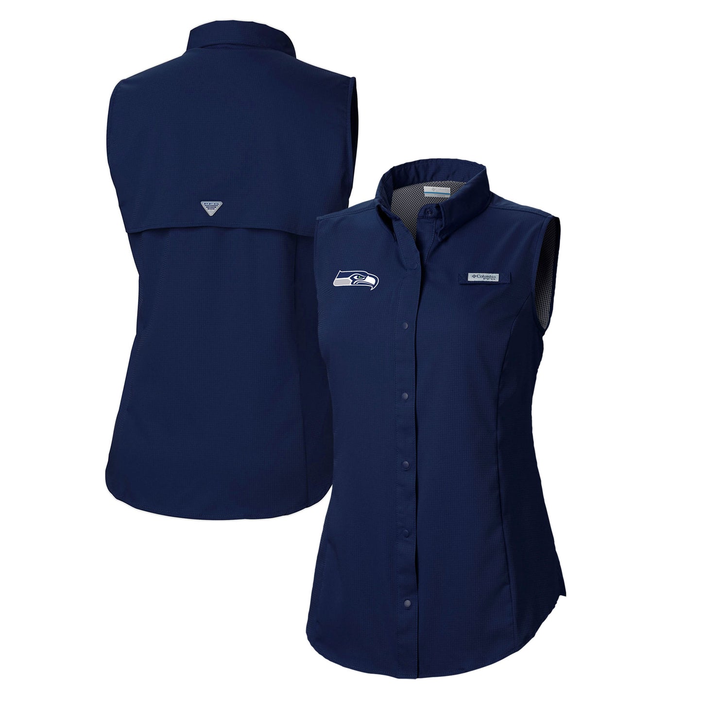 Women's Columbia College Navy Seattle Seahawks PFG Tamiami Omni-Shade Sleeveless Button-Up Shirt