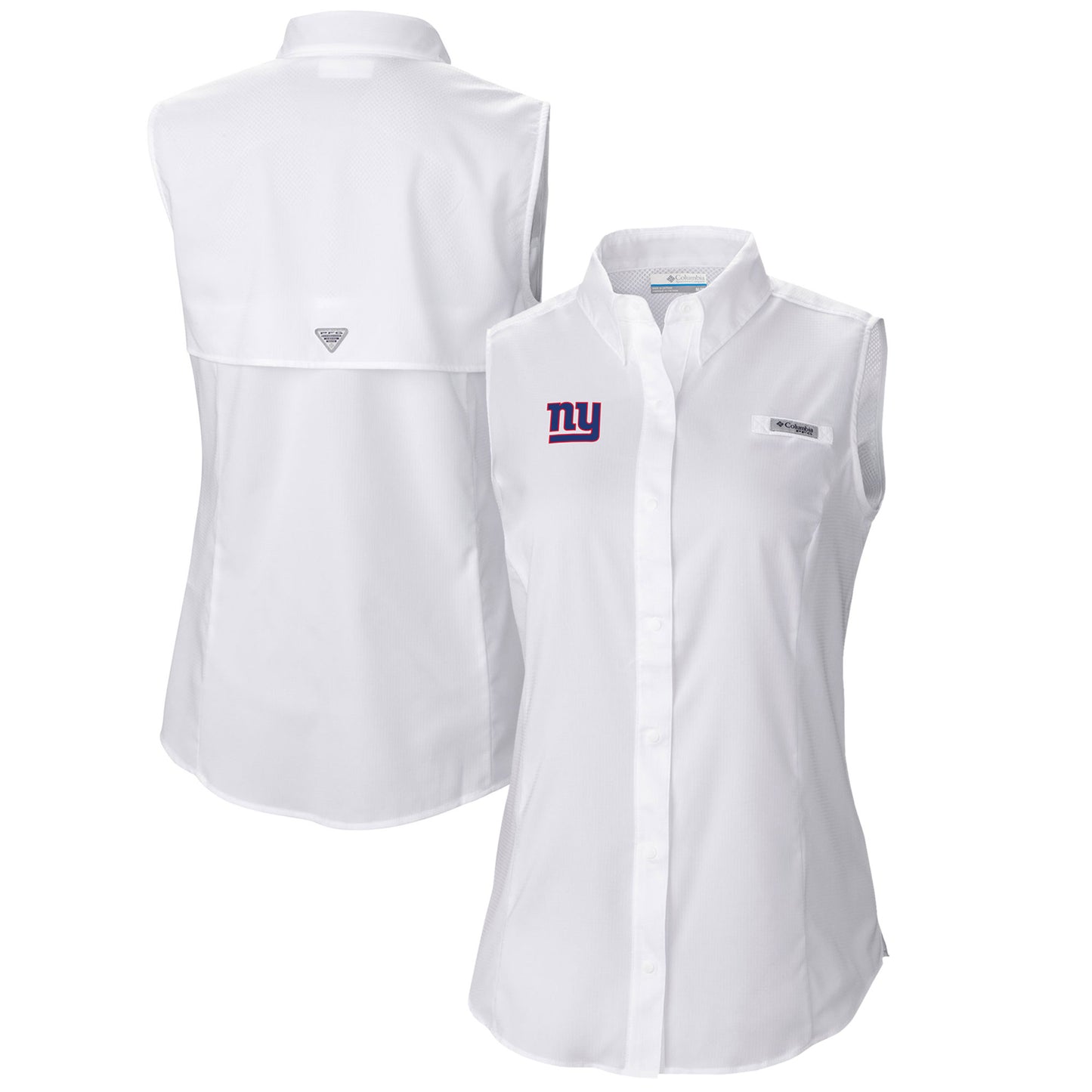 Women's Columbia White New York Giants PFG Tamiami Omni-Shade Sleeveless Button-Up Shirt