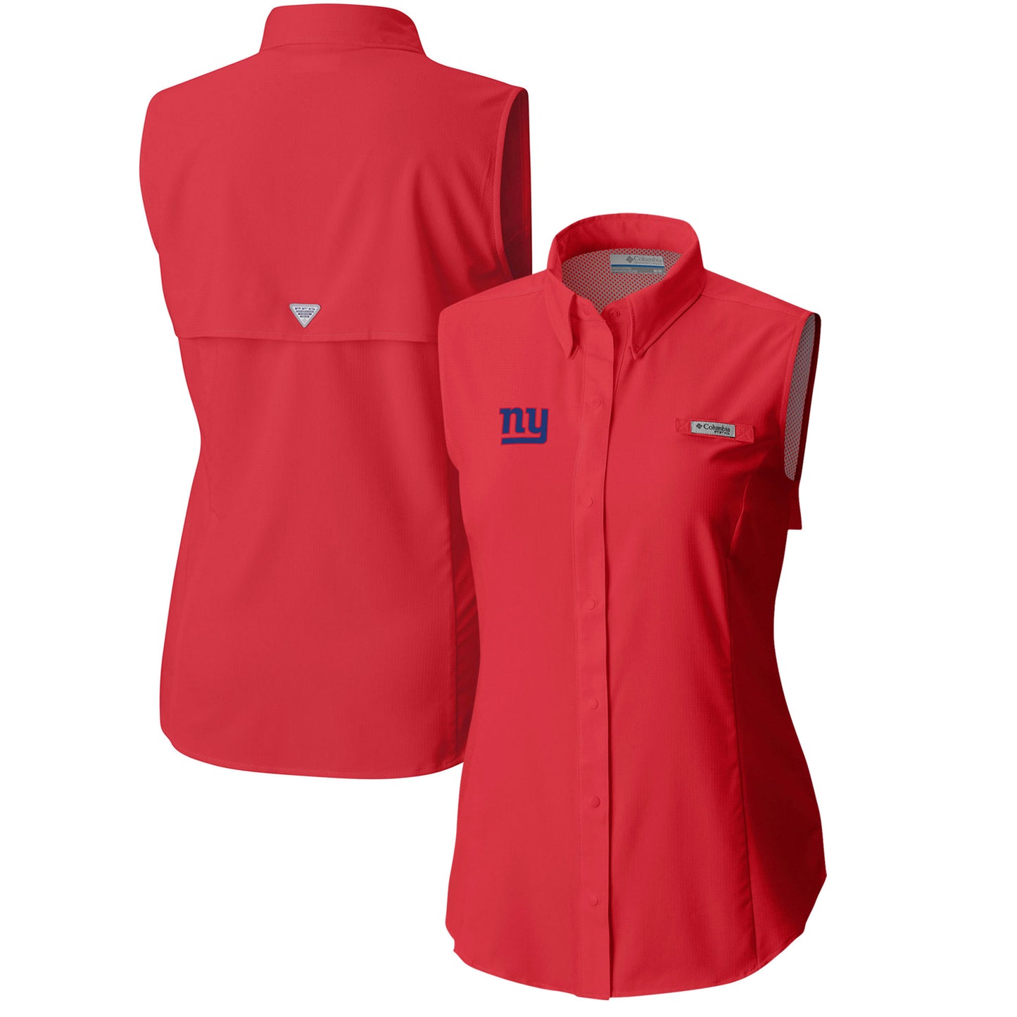 Women's Columbia Red New York Giants PFG Tamiami Omni-Shade Sleeveless Button-Up Shirt