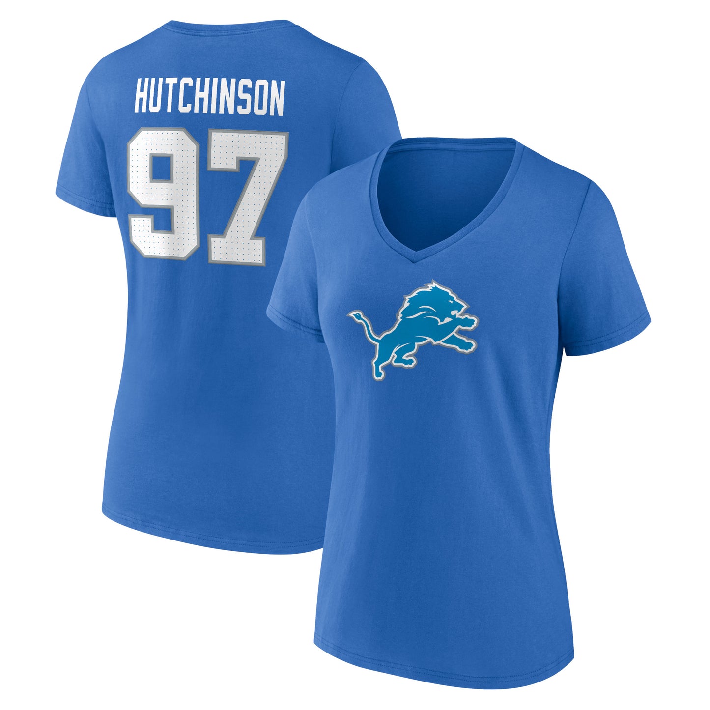 Women's Fanatics Aidan Hutchinson Blue Detroit Lions Player Icon Name & Number V-Neck T-Shirt