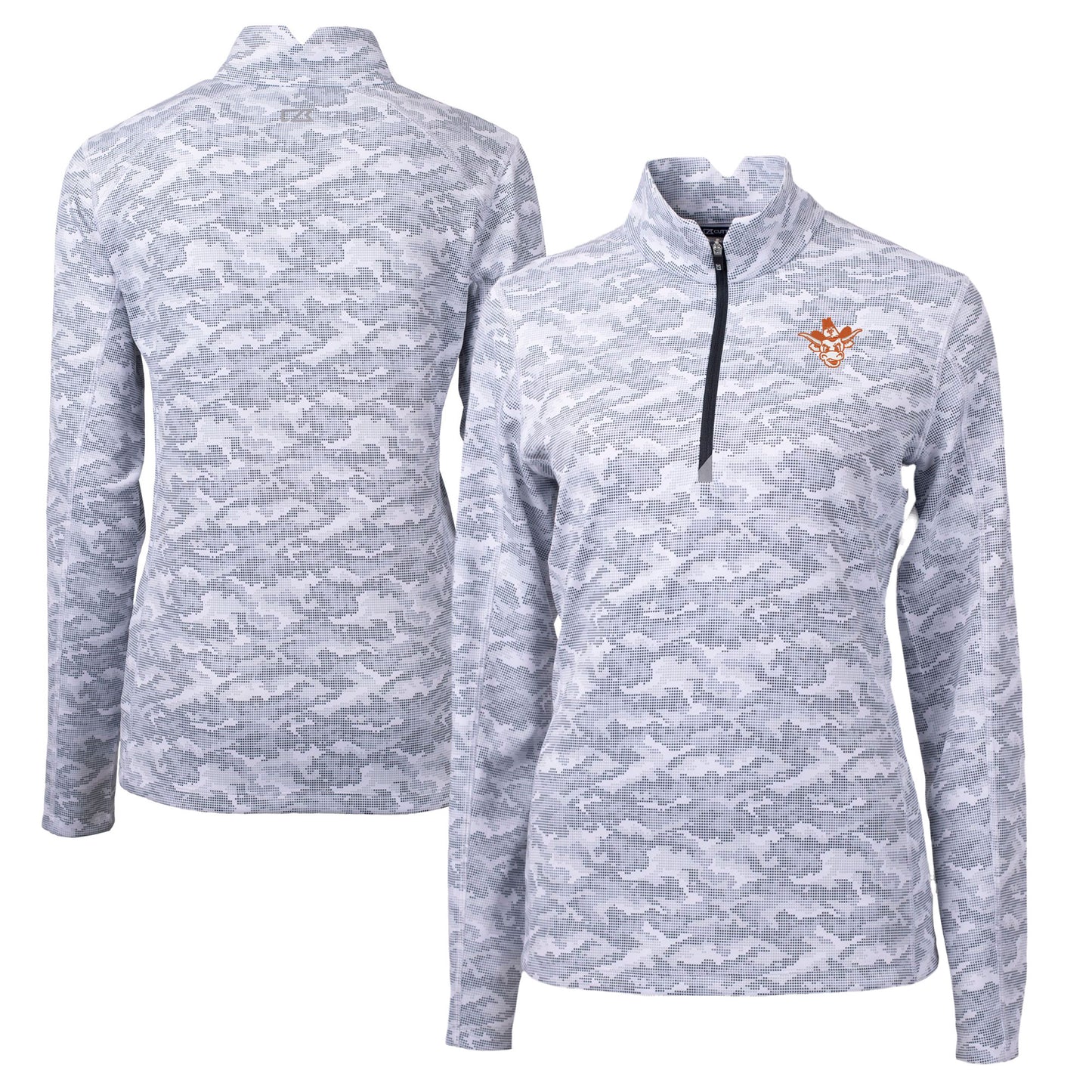 Women's Cutter & Buck Charcoal Texas Longhorns Vault DryTec Traverse Camo Print Stretch Quarter-Zip Top