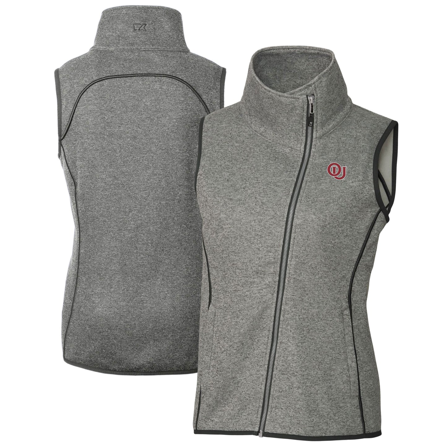 Women's Cutter & Buck Heather Gray Oklahoma Sooners Vault Mainsail Sweater-Knit Full-Zip Asymmetrical Vest