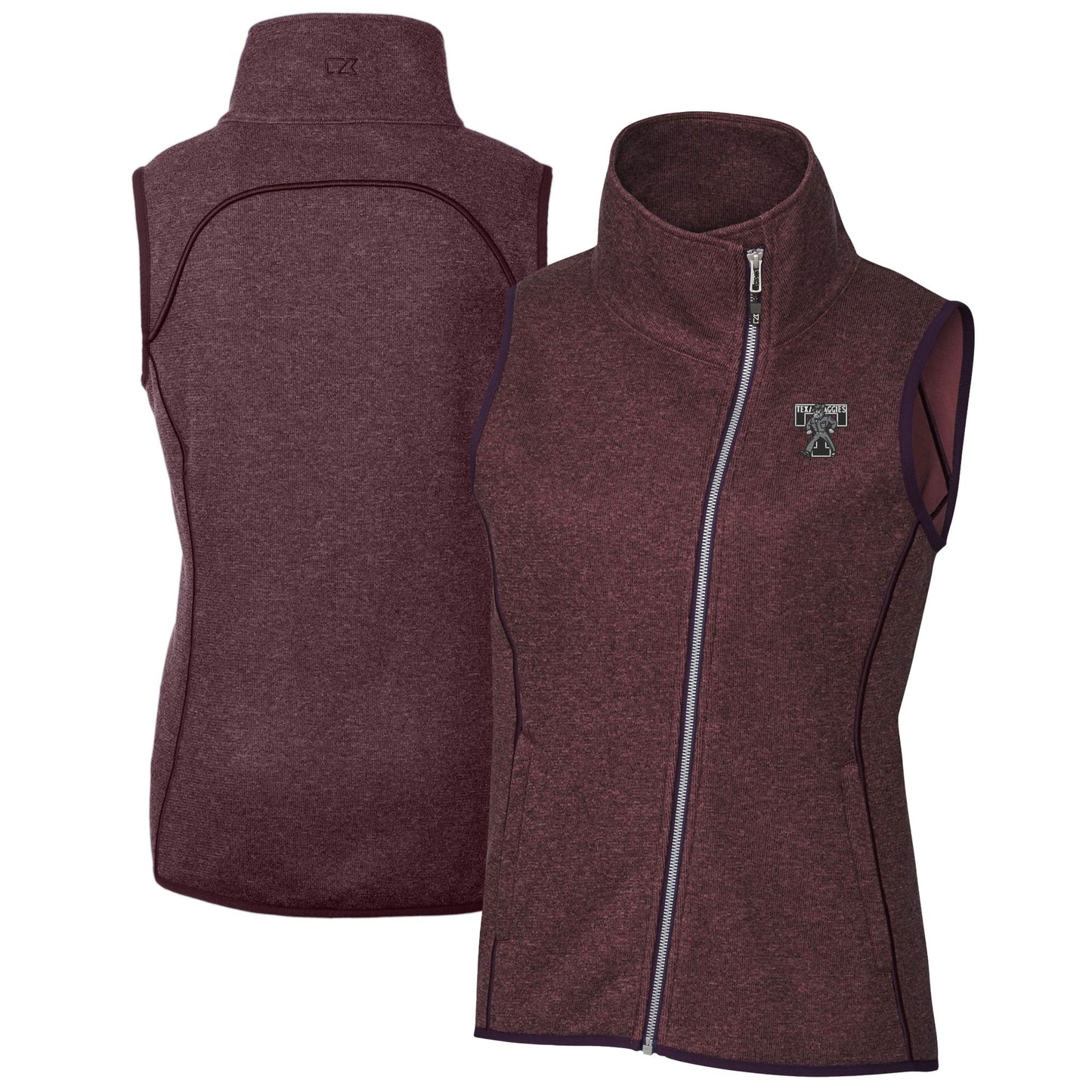Women's Cutter & Buck Heather Maroon Texas A&M Aggies Vault Mainsail Sweater-Knit Full-Zip Asymmetrical Vest