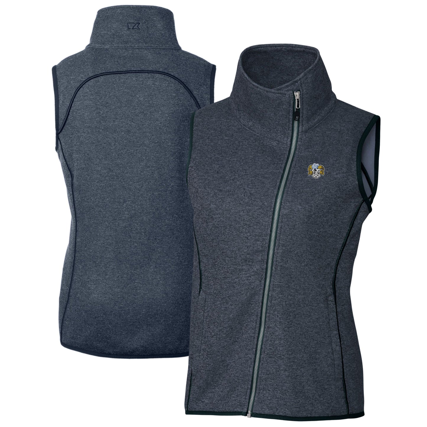 Women's Cutter & Buck Heather Navy North Carolina Tar Heels Vault Mainsail Sweater-Knit Full-Zip Asymmetrical Vest